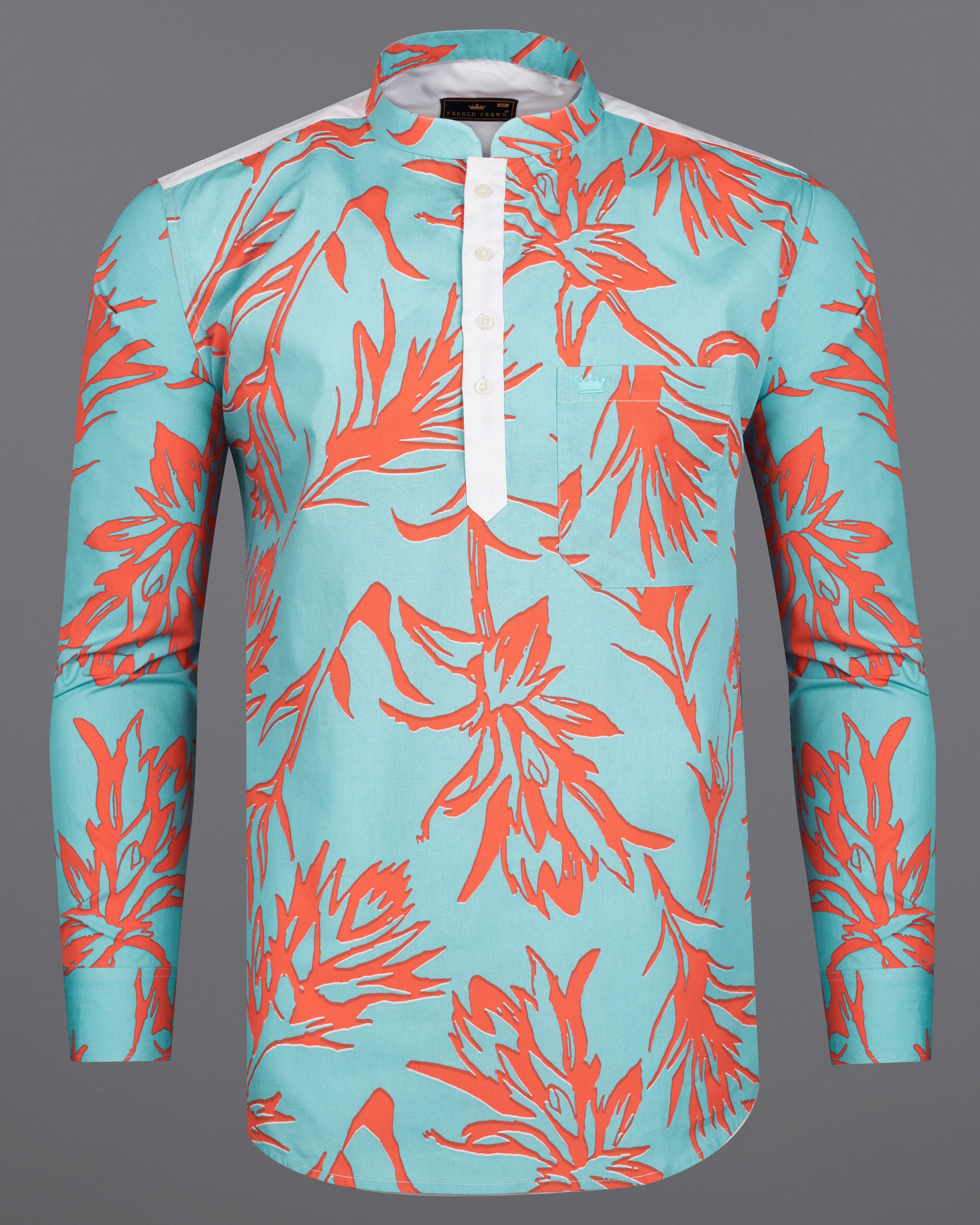 Tiffany Blue with Flamingo Red Printed Premium Cotton Mandarin Collar Designer Shirt 9094-P387-38, 9094-P387-H-38, 9094-P387-39, 9094-P387-H-39, 9094-P387-40, 9094-P387-H-40, 9094-P387-42, 9094-P387-H-42, 9094-P387-44, 9094-P387-H-44, 9094-P387-46, 9094-P387-H-46, 9094-P387-48, 9094-P387-H-48, 9094-P387-50, 9094-P387-H-50, 9094-P387-52, 9094-P387-H-52