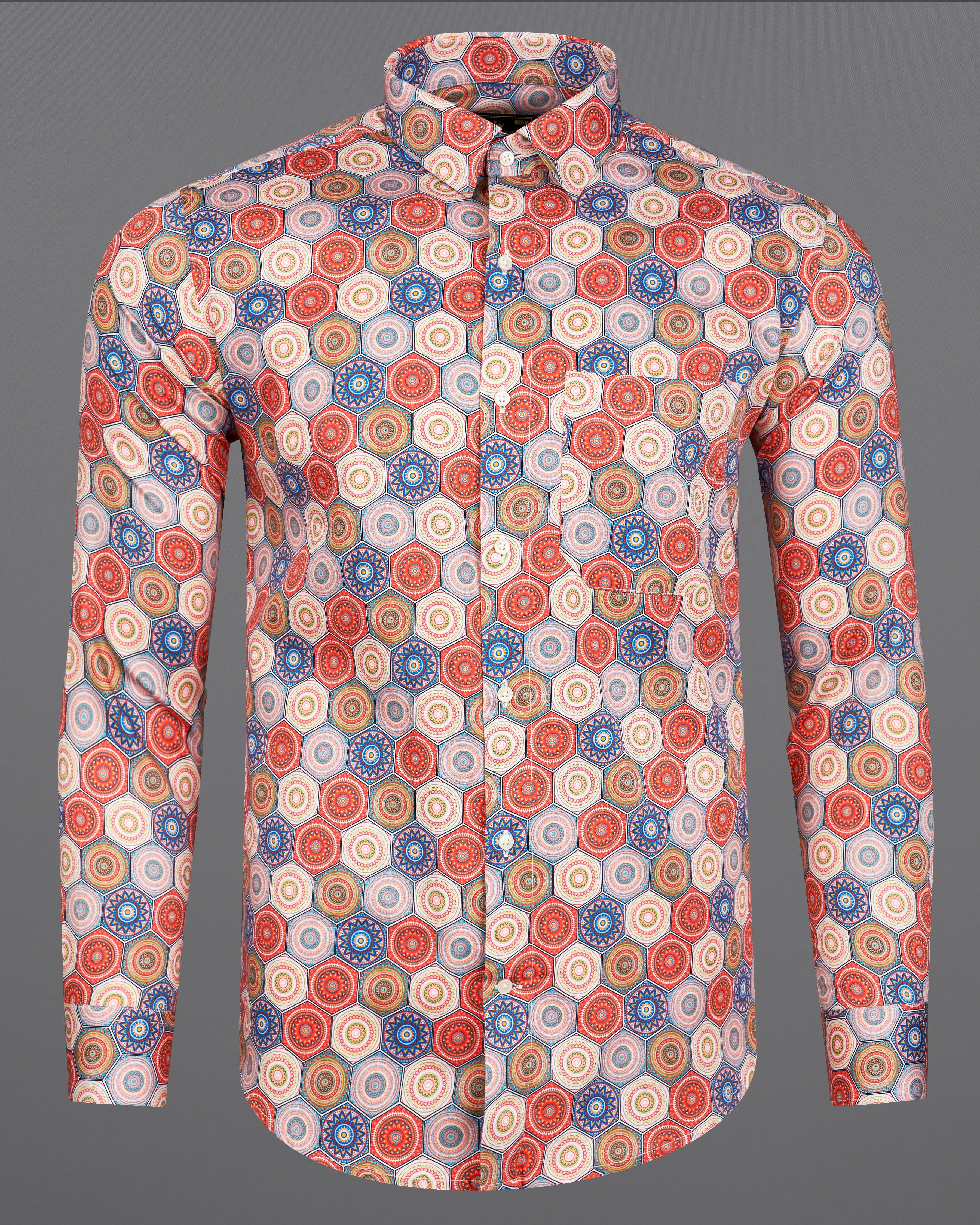 Jasper Red with Sapphire Blue Hexagonal Design Super Soft Premium Cotton Shirt 9142-38,9142-H-38,9142-39,9142-H-39,9142-40,9142-H-40,9142-42,9142-H-42,9142-44,9142-H-44,9142-46,9142-H-46,9142-48,9142-H-48,9142-50,9142-H-50,9142-52,9142-H-52