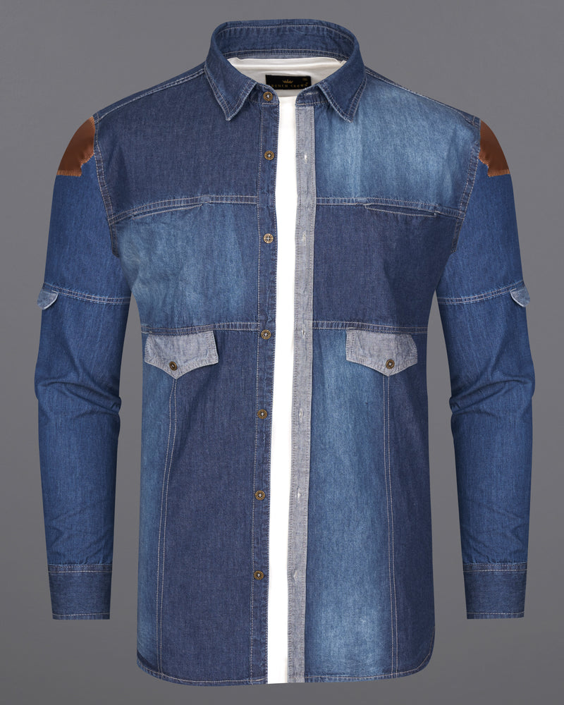 Muted Blue with Midnight Navy Blue Denim Designer Shirt With Leather Patch Work