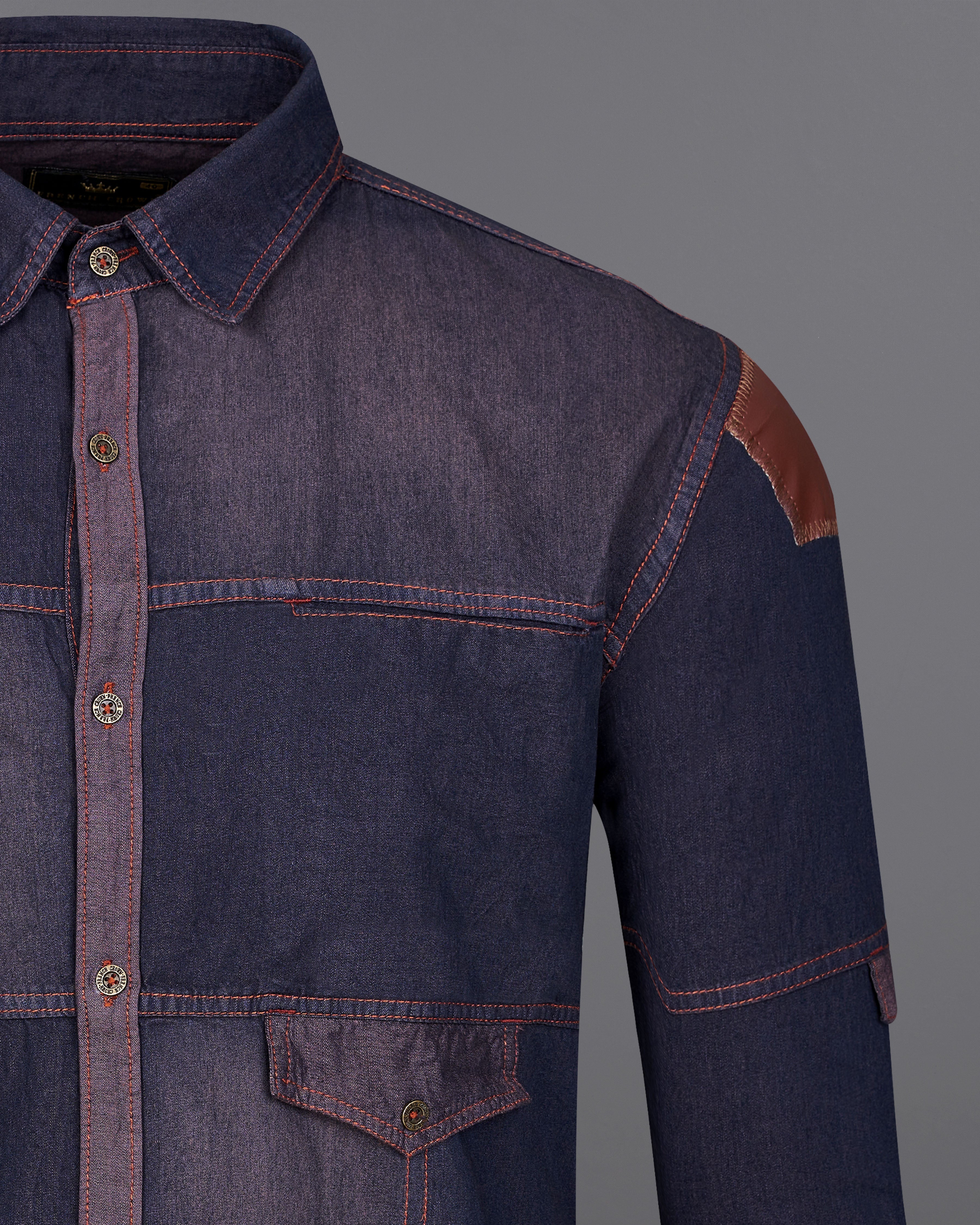 Gravel Purple with Baltic Sea Denim Shirt With Leather Patch Work 9201-MB-38,9201-MB-H-38,9201-MB-39,9201-MB-H-39,9201-MB-40,9201-MB-H-40,9201-MB-42,9201-MB-H-42,9201-MB-44,9201-MB-H-44,9201-MB-46,9201-MB-H-46,9201-MB-48,9201-MB-H-48,9201-MB-50,9201-MB-H-50,9201-MB-52,9201-MB-H-52