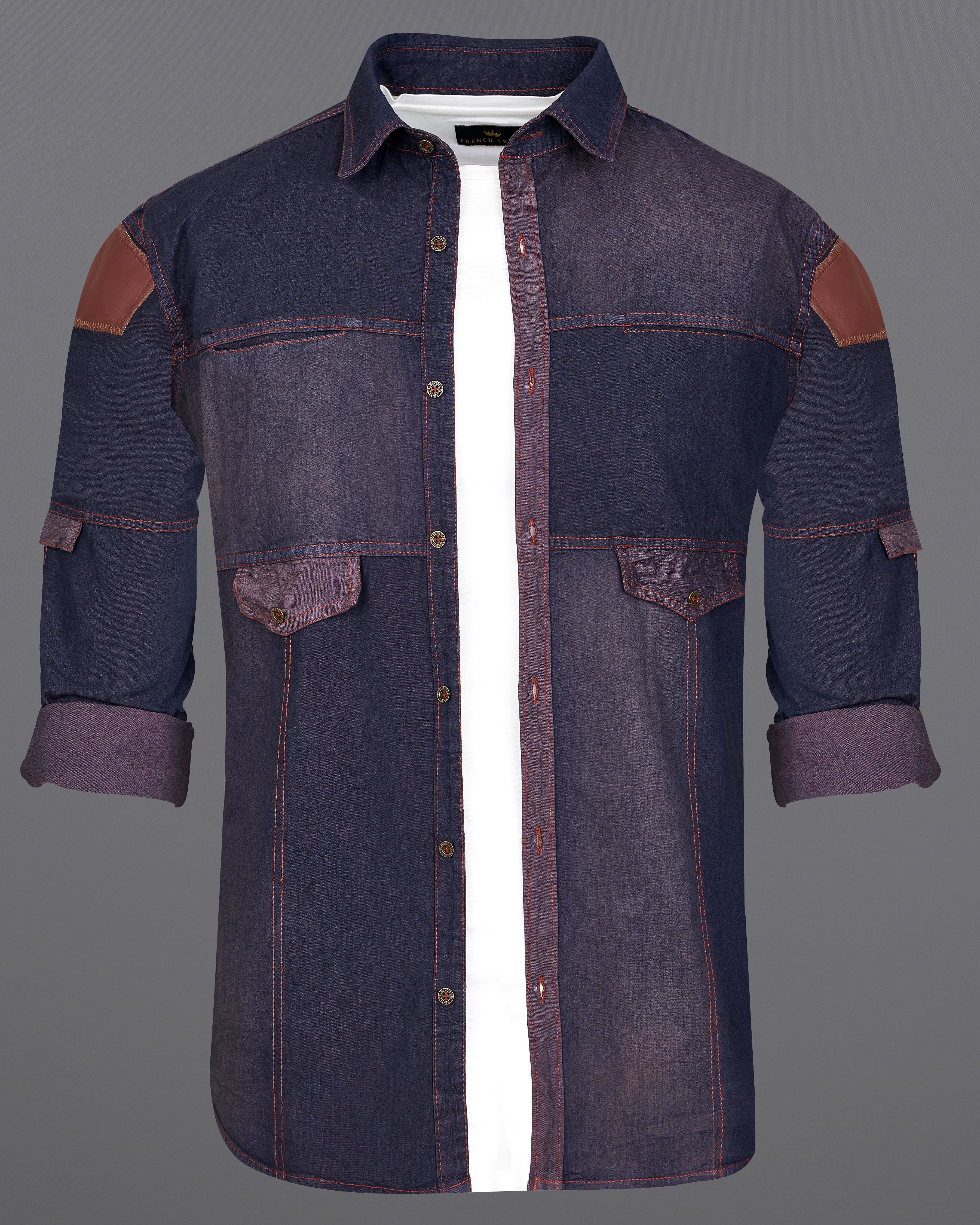 Gravel Purple with Baltic Sea Denim Shirt With Leather Patch Work 9201-MB-38,9201-MB-H-38,9201-MB-39,9201-MB-H-39,9201-MB-40,9201-MB-H-40,9201-MB-42,9201-MB-H-42,9201-MB-44,9201-MB-H-44,9201-MB-46,9201-MB-H-46,9201-MB-48,9201-MB-H-48,9201-MB-50,9201-MB-H-50,9201-MB-52,9201-MB-H-52