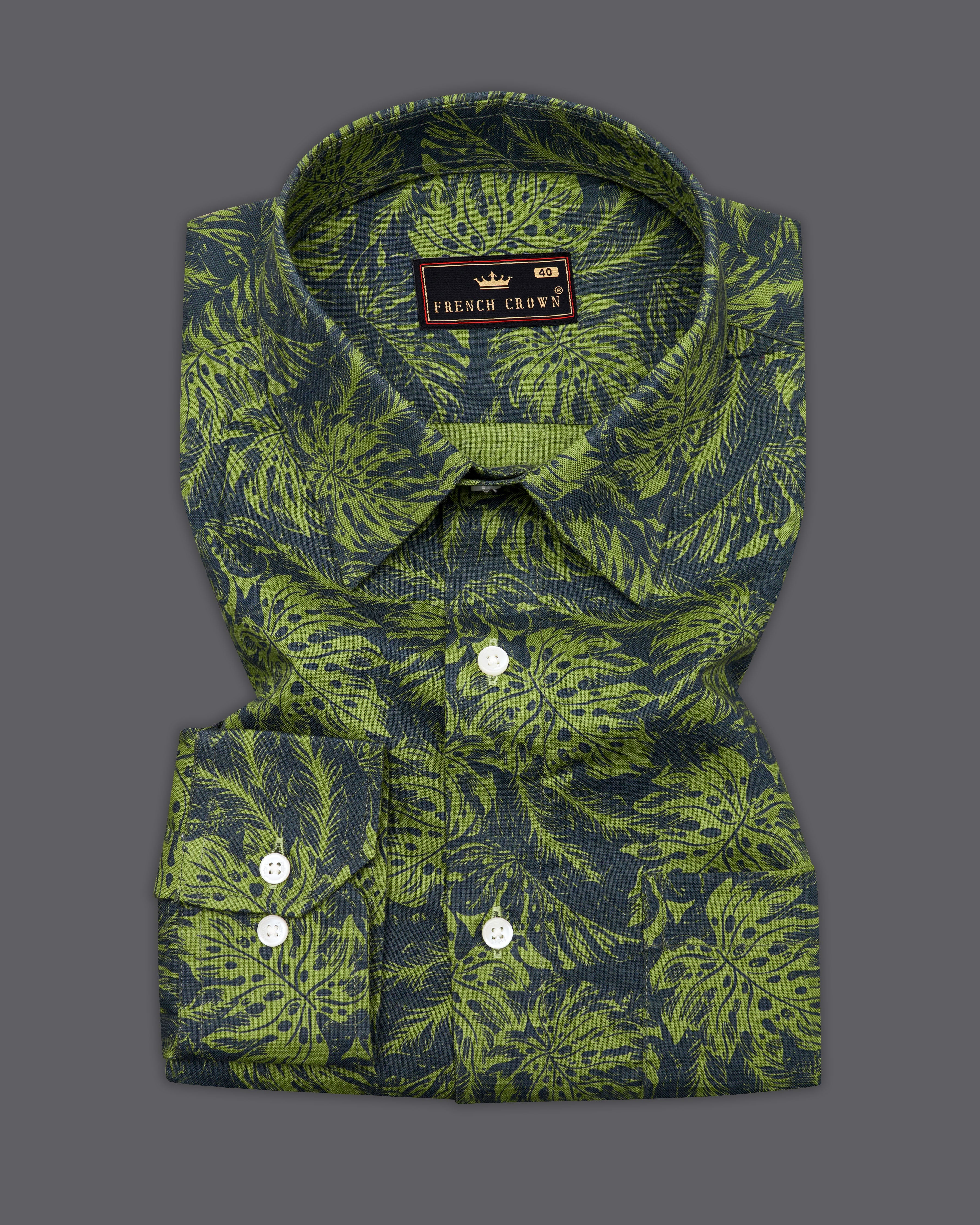 Asparagus Green with Black Floral Textured Luxurious Linen Shirt 9439-38, 9439-H-38, 9439-39, 9439-H-39, 9439-40, 9439-H-40, 9439-42, 9439-H-42, 9439-44, 9439-H-44, 9439-46, 9439-H-46, 9439-48, 9439-H-48, 9439-50, 9439-H-50, 9439-52, 9439-H-52