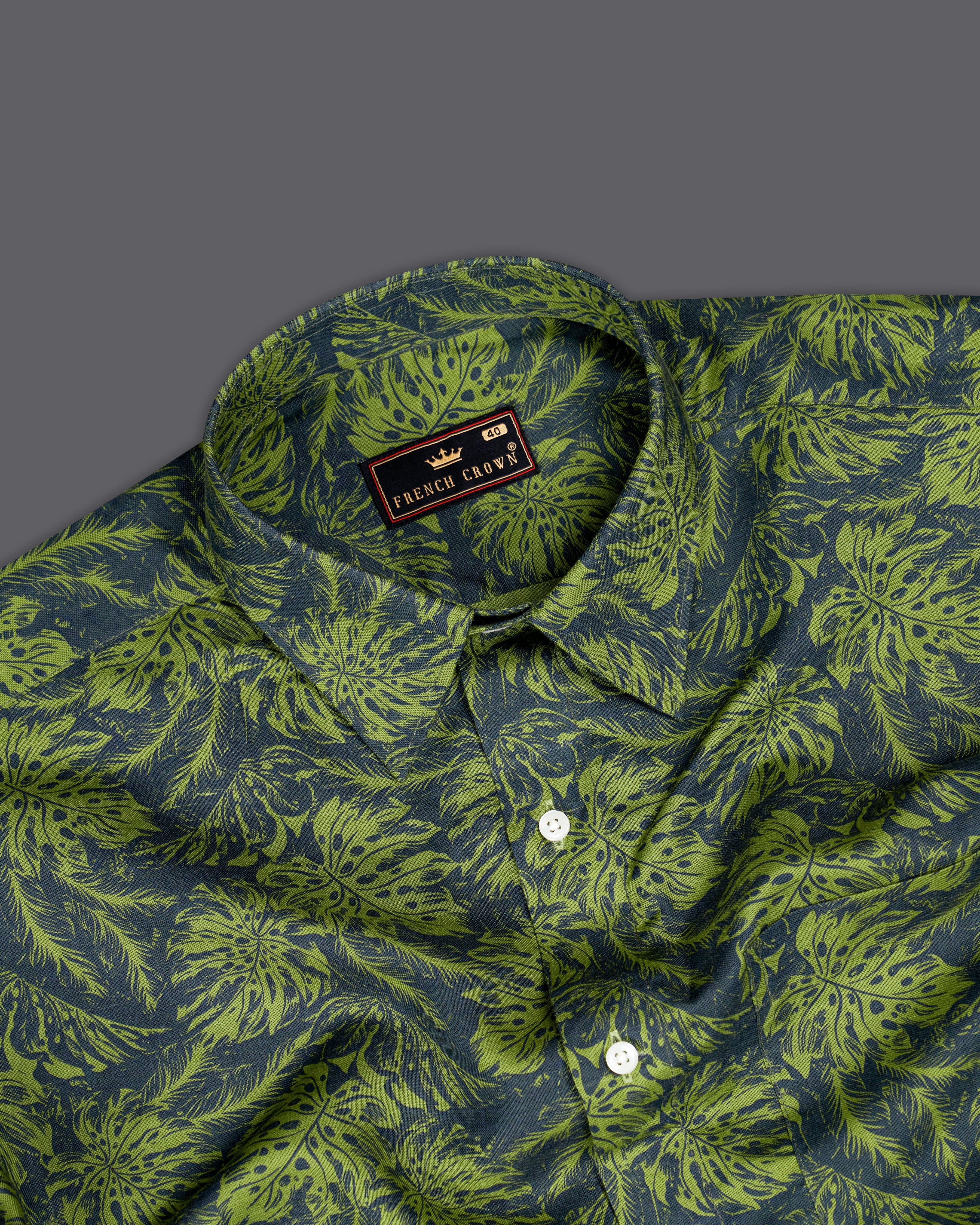 Asparagus Green with Black Floral Textured Luxurious Linen Shirt 9439-38, 9439-H-38, 9439-39, 9439-H-39, 9439-40, 9439-H-40, 9439-42, 9439-H-42, 9439-44, 9439-H-44, 9439-46, 9439-H-46, 9439-48, 9439-H-48, 9439-50, 9439-H-50, 9439-52, 9439-H-52