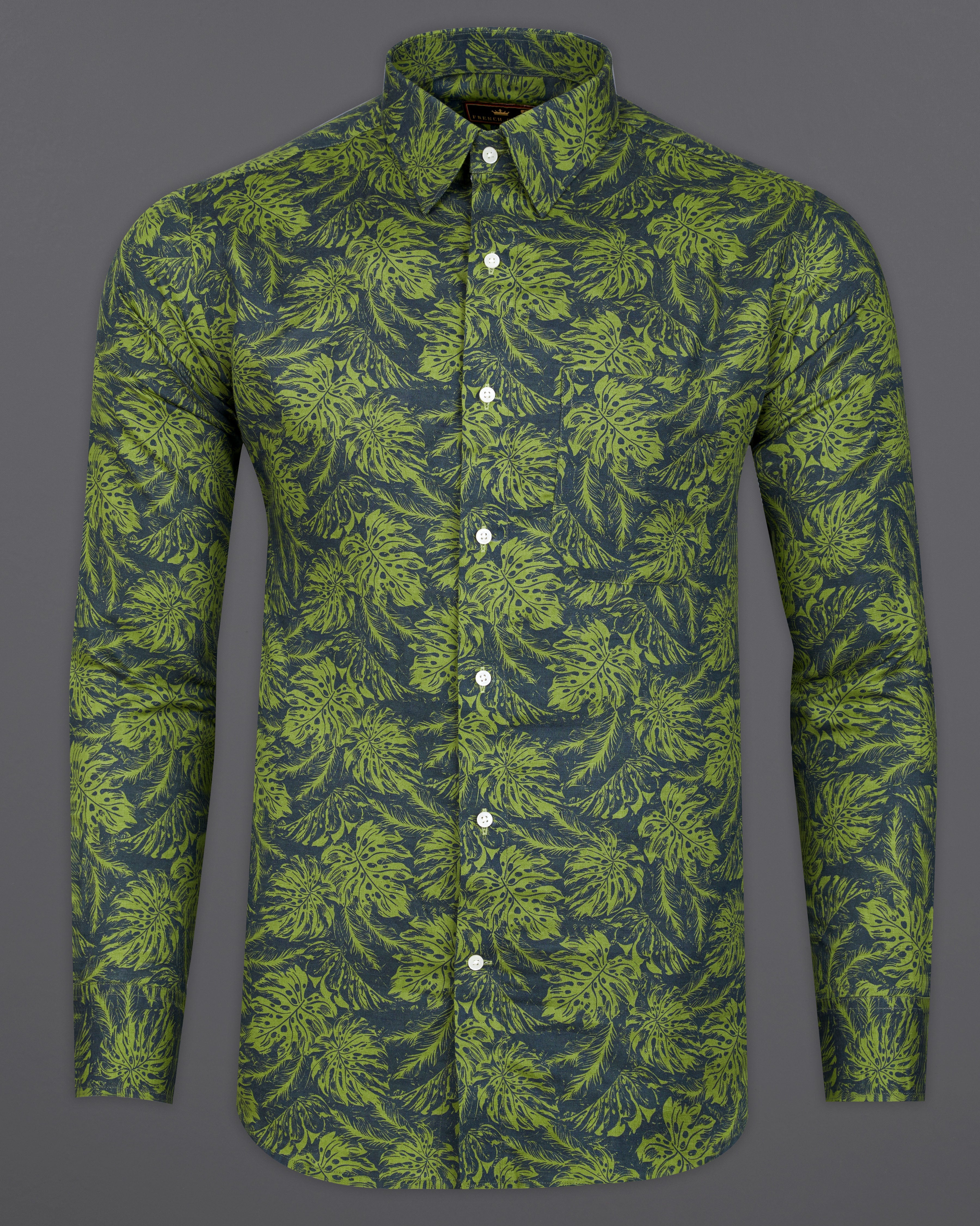 Asparagus Green with Black Floral Textured Luxurious Linen Shirt 9439-38, 9439-H-38, 9439-39, 9439-H-39, 9439-40, 9439-H-40, 9439-42, 9439-H-42, 9439-44, 9439-H-44, 9439-46, 9439-H-46, 9439-48, 9439-H-48, 9439-50, 9439-H-50, 9439-52, 9439-H-52