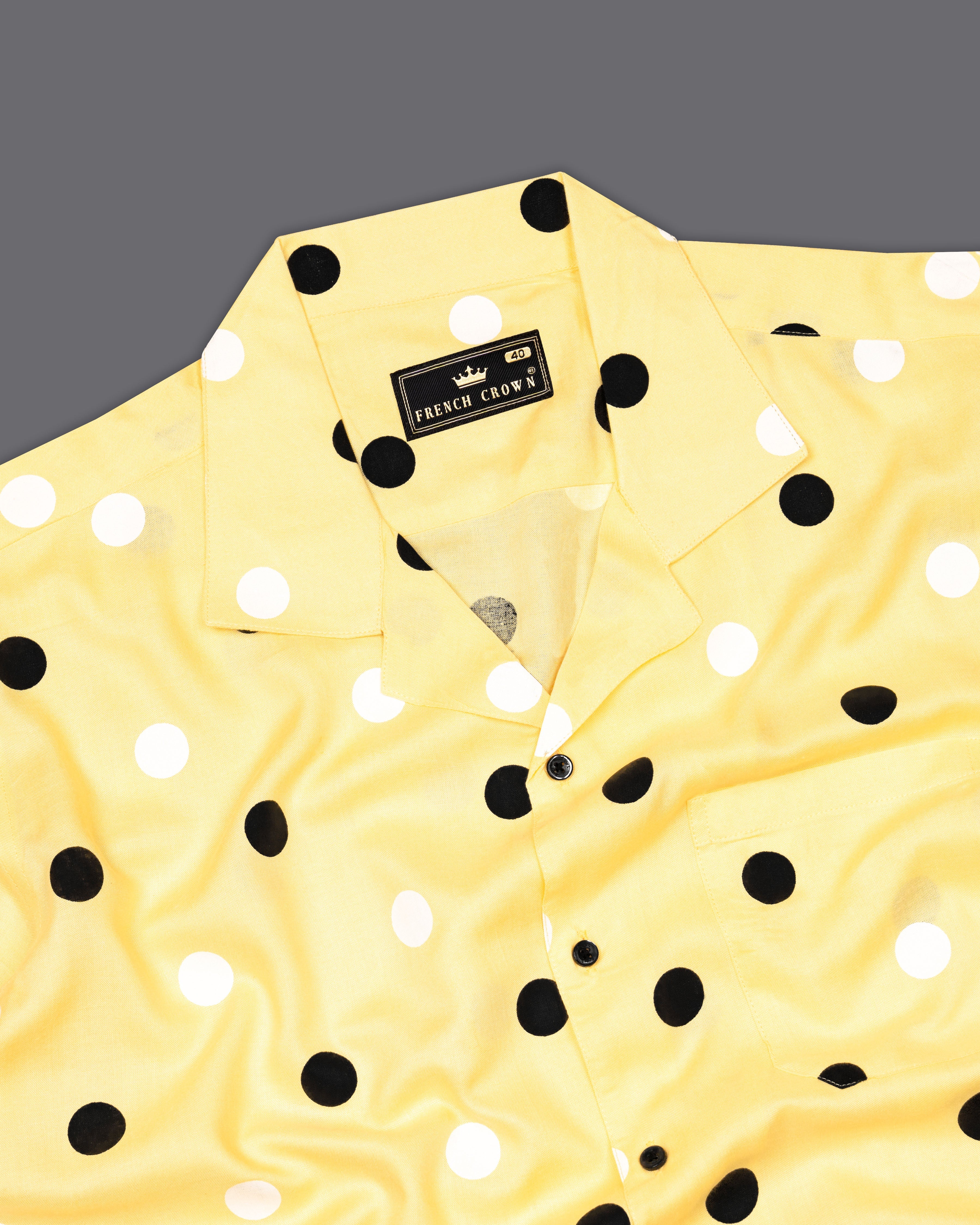 Colonial Yellow with Polka Dotted Half Sleeved Premium Tencel Shirt 9512-CC-BLK-SS-38, 9512-CC-BLK-SS-H-38, 9512-CC-BLK-SS-39, 9512-CC-BLK-SS-H-39, 9512-CC-BLK-SS-40, 9512-CC-BLK-SS-H-40, 9512-CC-BLK-SS-42, 9512-CC-BLK-SS-H-42, 9512-CC-BLK-SS-44, 9512-CC-BLK-SS-H-44, 9512-CC-BLK-SS-46, 9512-CC-BLK-SS-H-46, 9512-CC-BLK-SS-48, 9512-CC-BLK-SS-H-48, 9512-CC-BLK-SS-50, 9512-CC-BLK-SS-H-50, 9512-CC-BLK-SS-52, 9512-CC-BLK-SS-H-52