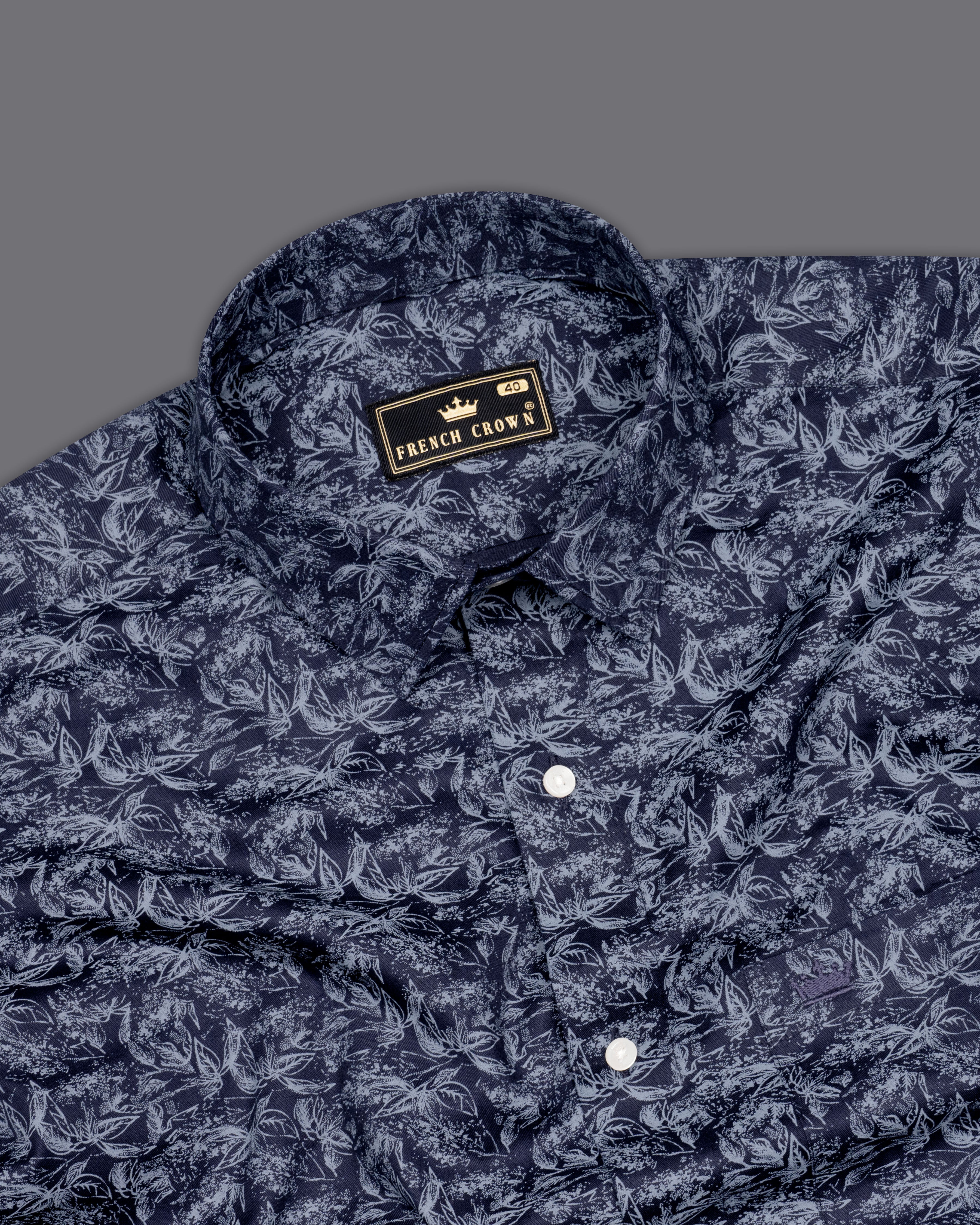 Martinique Blue with Amethyst Smoke Gray Floral Printed Twill Premium Cotton Shirt