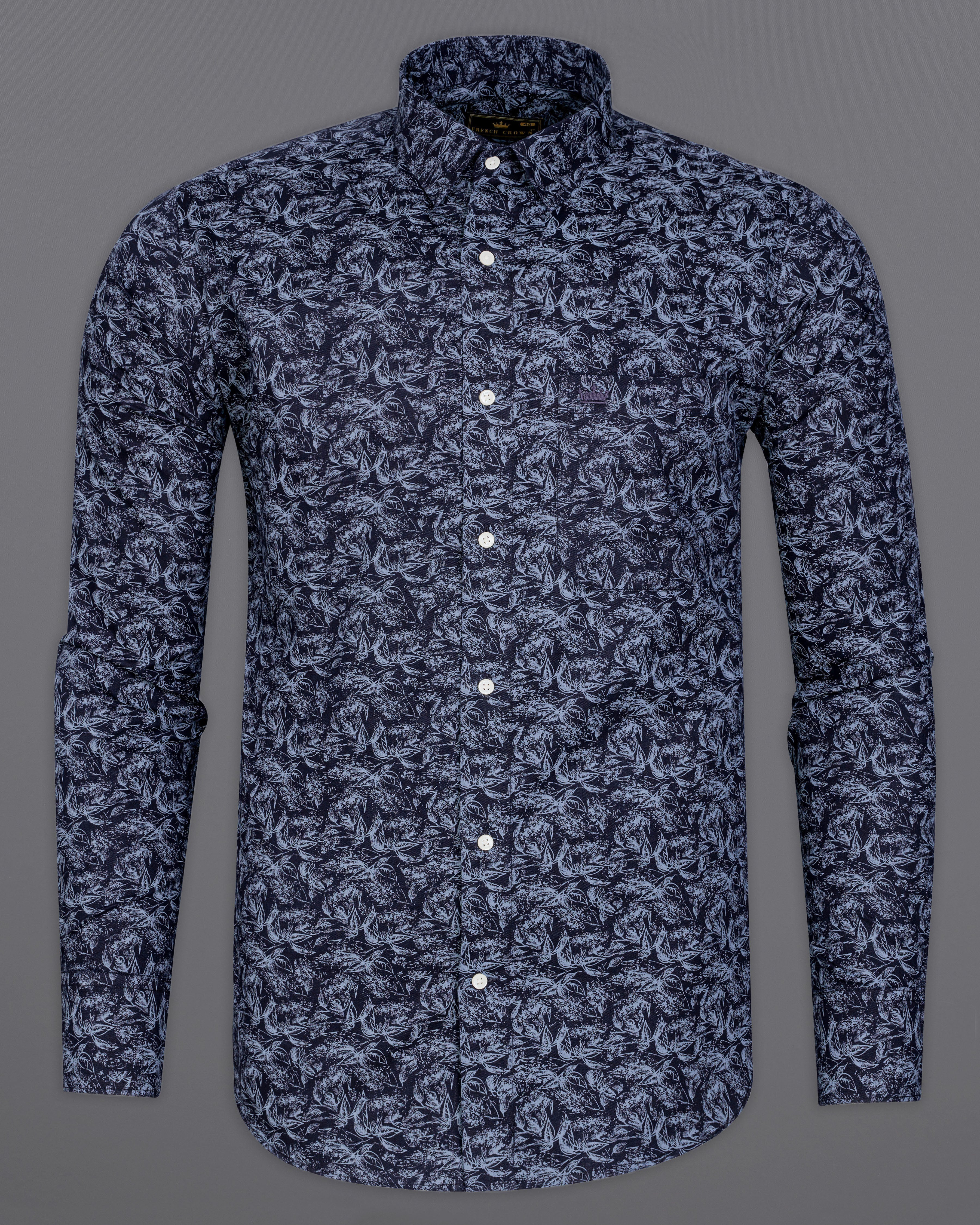 Martinique Blue with Amethyst Smoke Gray Floral Printed Twill Premium Cotton Shirt