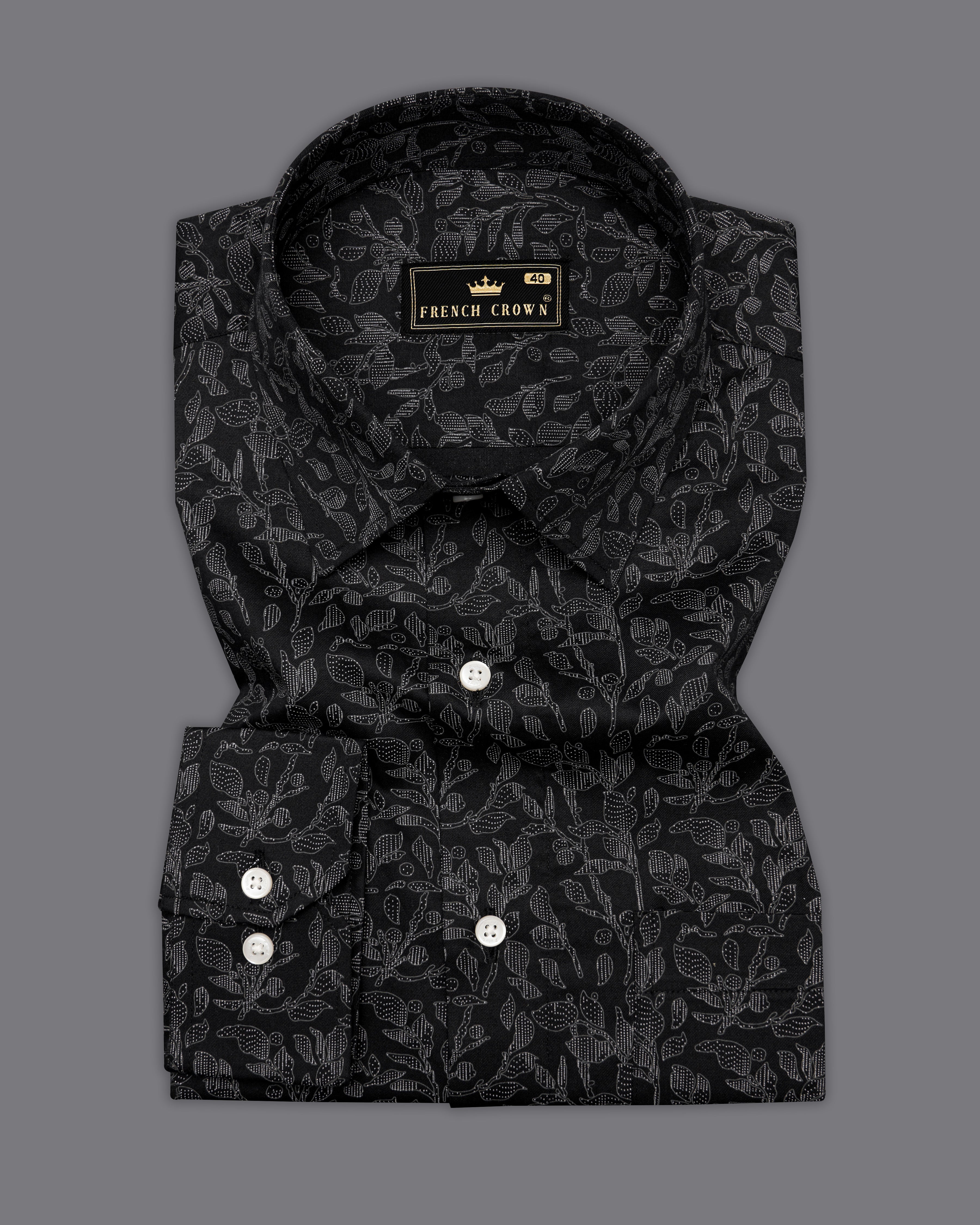 Jade Black with Leaves Printed Super Soft Premium Cotton Shirt 9686-38, 9686-H-38, 9686-39, 9686-H-39, 9686-40, 9686-H-40, 9686-42, 9686-H-42, 9686-44, 9686-H-44, 9686-46, 9686-H-46, 9686-48, 9686-H-48, 9686-50, 9686-H-50, 9686-52, 9686-H-52