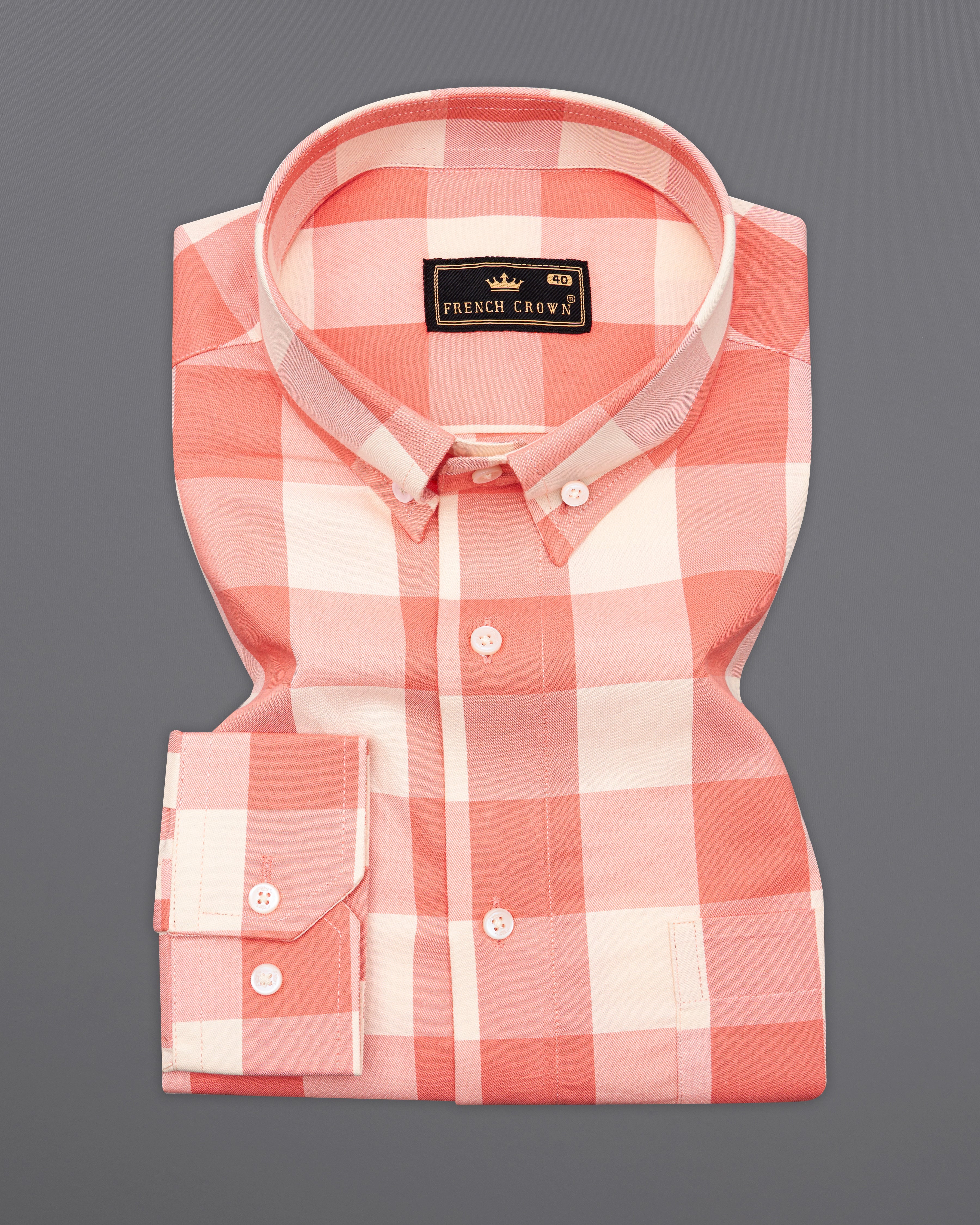 Geraldine Peach with Albescent Cream Twill Checked Premium Cotton Shirt 9946-BD-38, 9946-BD-H-38, 9946-BD-39, 9946-BD-H-39, 9946-BD-40, 9946-BD-H-40, 9946-BD-42, 9946-BD-H-42, 9946-BD-44, 9946-BD-H-44, 9946-BD-46, 9946-BD-H-46, 9946-BD-48, 9946-BD-H-48, 9946-BD-50, 9946-BD-H-50, 9946-BD-52, 9946-BD-H-52