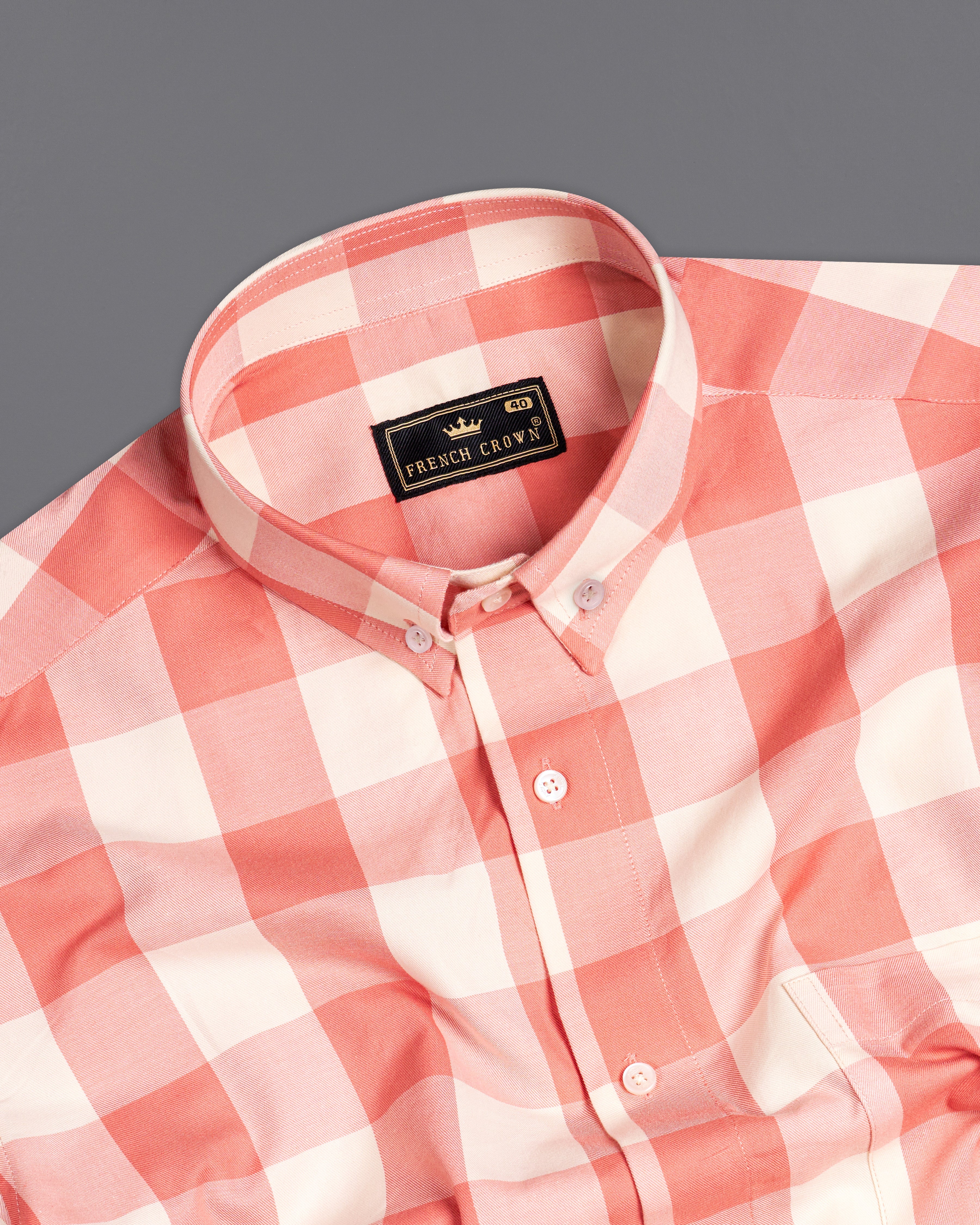 Geraldine Peach with Albescent Cream Twill Checked Premium Cotton Shirt 9946-BD-38, 9946-BD-H-38, 9946-BD-39, 9946-BD-H-39, 9946-BD-40, 9946-BD-H-40, 9946-BD-42, 9946-BD-H-42, 9946-BD-44, 9946-BD-H-44, 9946-BD-46, 9946-BD-H-46, 9946-BD-48, 9946-BD-H-48, 9946-BD-50, 9946-BD-H-50, 9946-BD-52, 9946-BD-H-52