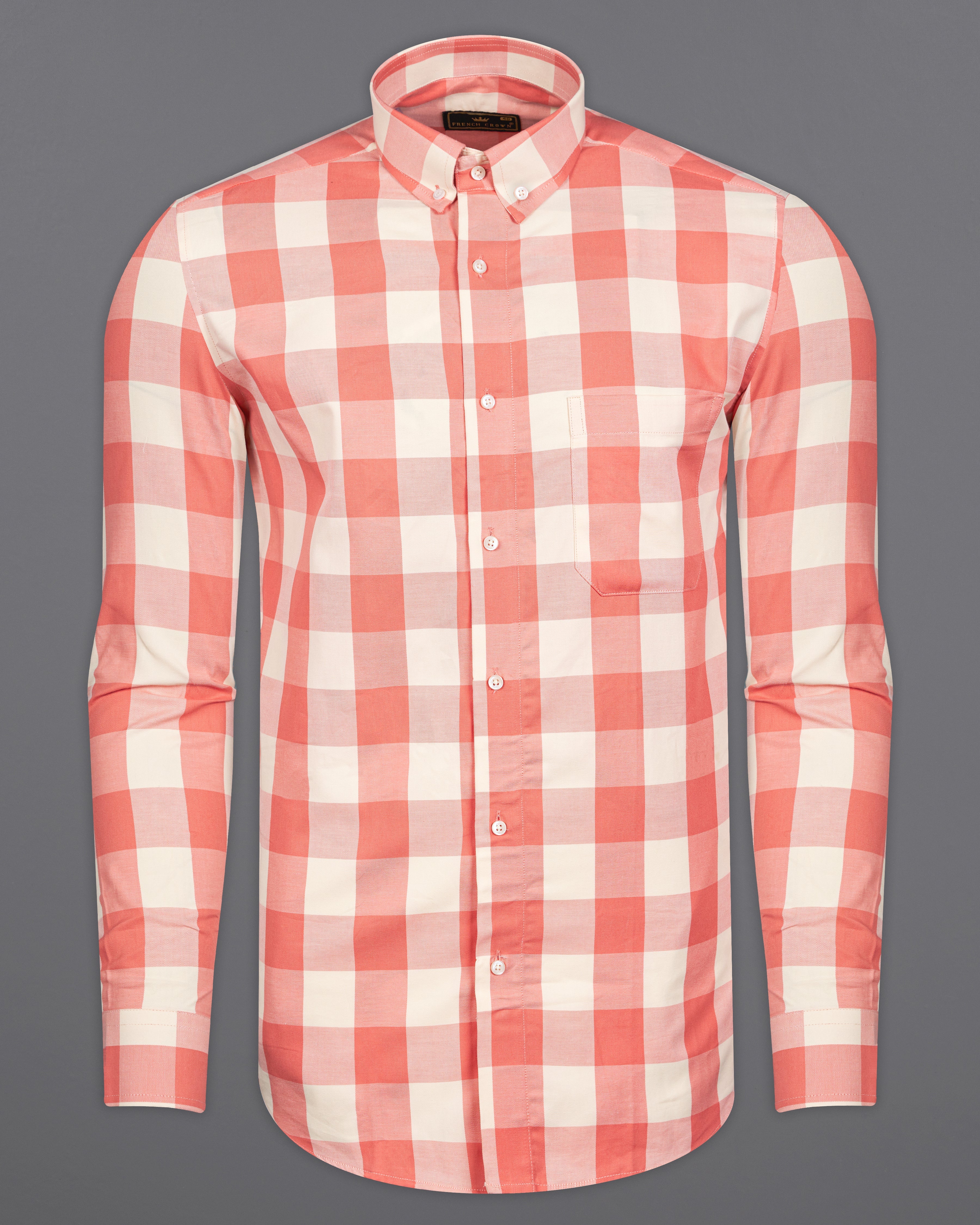 Geraldine Peach with Albescent Cream Twill Checked Premium Cotton Shirt 9946-BD-38, 9946-BD-H-38, 9946-BD-39, 9946-BD-H-39, 9946-BD-40, 9946-BD-H-40, 9946-BD-42, 9946-BD-H-42, 9946-BD-44, 9946-BD-H-44, 9946-BD-46, 9946-BD-H-46, 9946-BD-48, 9946-BD-H-48, 9946-BD-50, 9946-BD-H-50, 9946-BD-52, 9946-BD-H-52