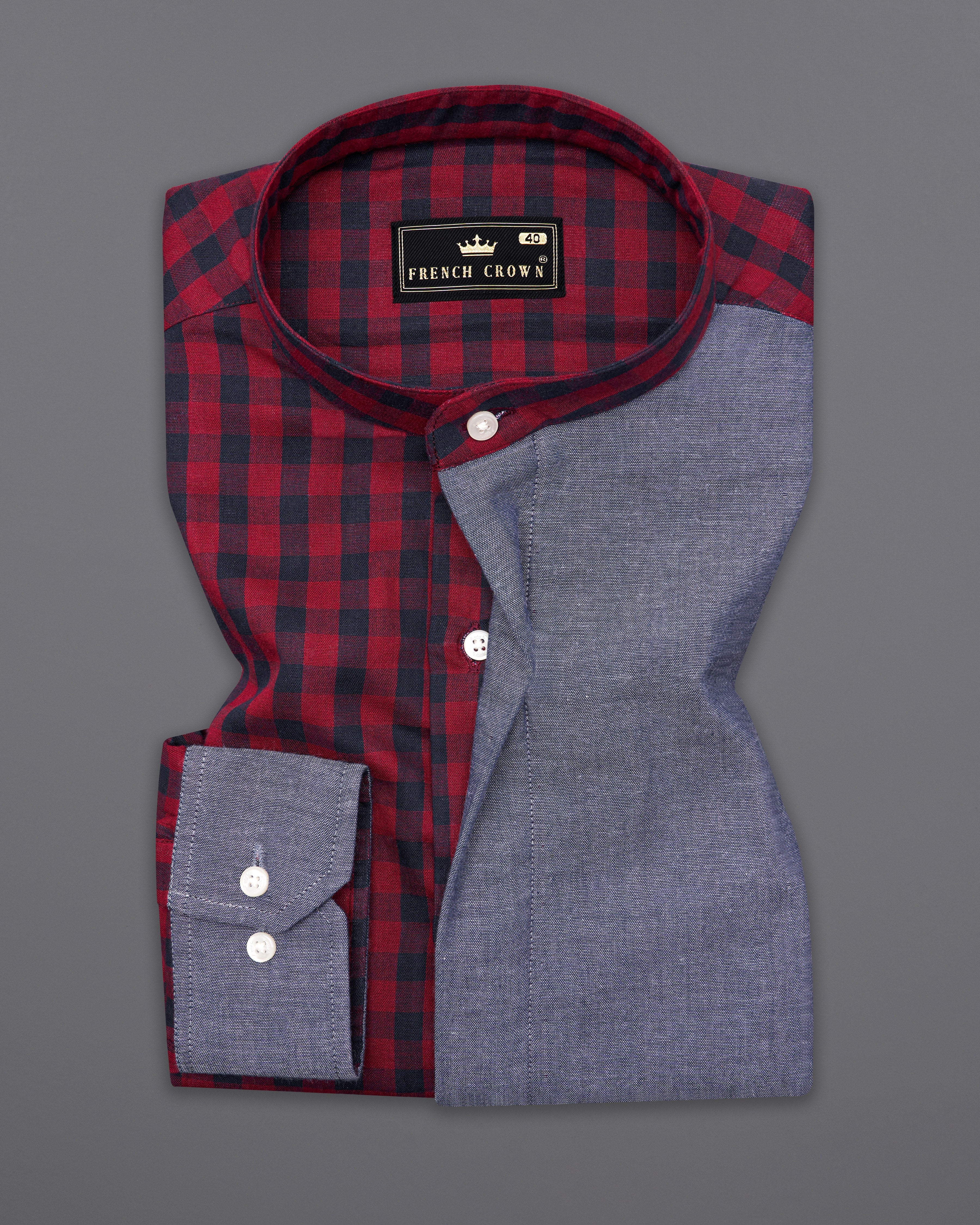 Merlot Red Checkered with River Bed Gray Patchwork Chambray Designer Shirt 9996-M-P251-38, 9996-M-P251-H-38, 9996-M-P251-39, 9996-M-P251-H-39, 9996-M-P251-40, 9996-M-P251-H-40, 9996-M-P251-42, 9996-M-P251-H-42, 9996-M-P251-44, 9996-M-P251-H-44, 9996-M-P251-46, 9996-M-P251-H-46, 9996-M-P251-48, 9996-M-P251-H-48, 9996-M-P251-50, 9996-M-P251-H-50, 9996-M-P251-52, 9996-M-P251-H-52