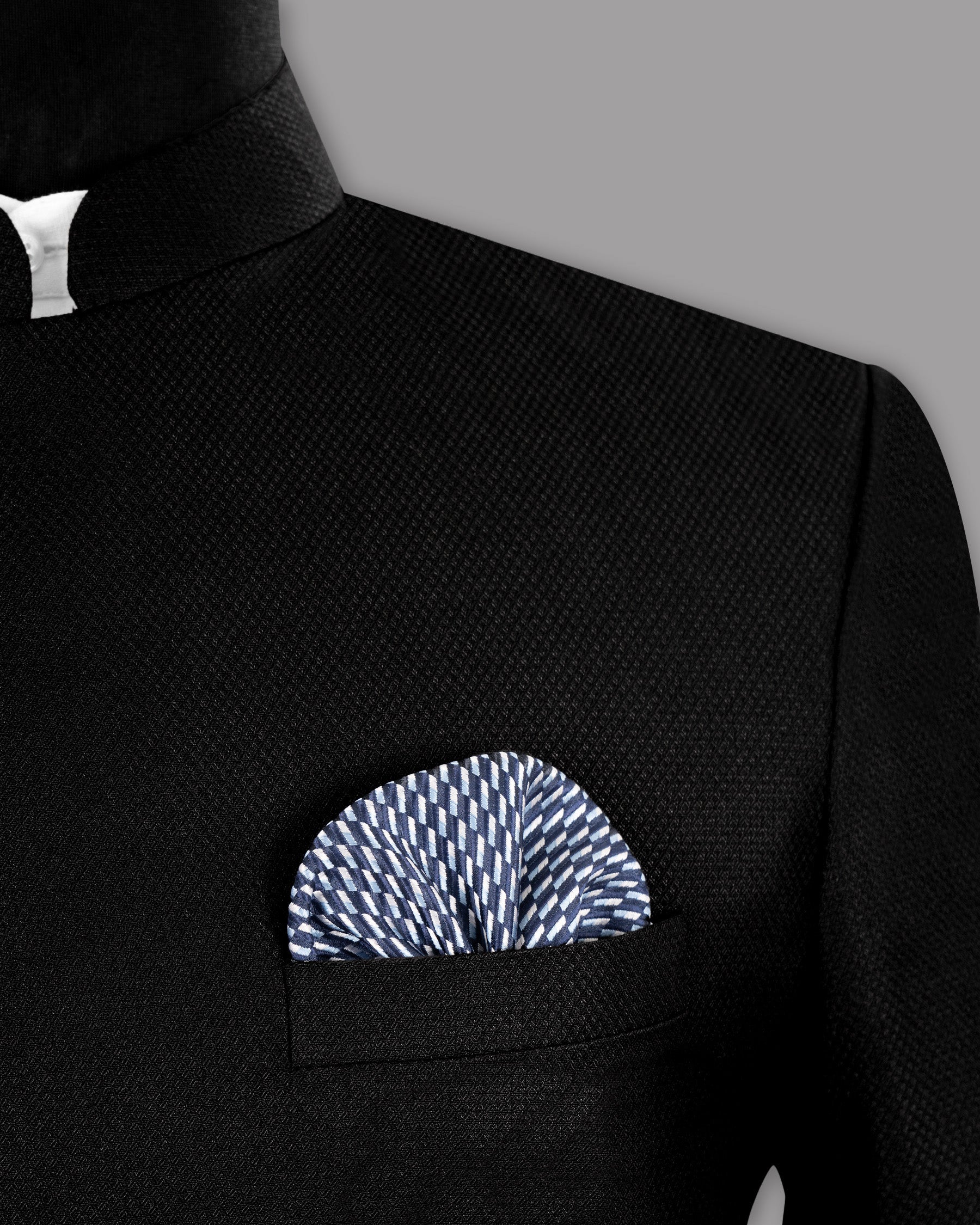 Jade black Diamond Textured Cross Placket Bandhgala/Mandarin Wool-Silk blend Blazer