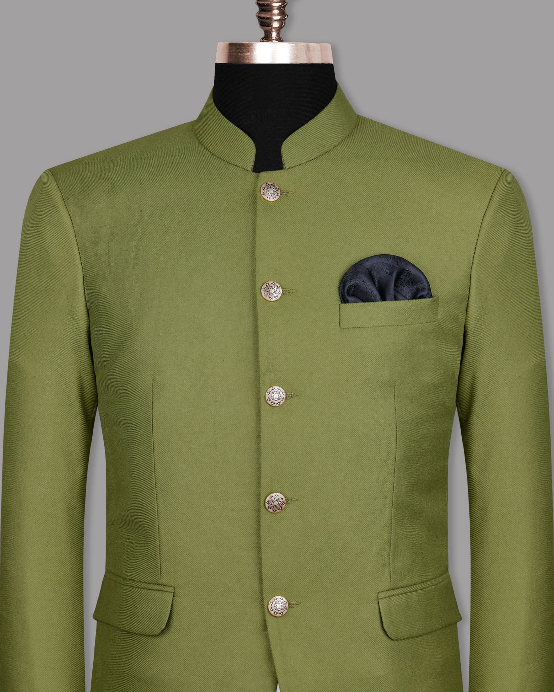 Pesto Green Bandhgala/Mandarin Blazer BL1080-BG-50, BL1080-BG-46, BL1080-BG-52, BL1080-BG-36, BL1080-BG-44, BL1080-BG-42, BL1080-BG-60, BL1080-BG-38, BL1080-BG-40, BL1080-BG-48, BL1080-BG-56, BL1080-BG-54, BL1080-BG-58