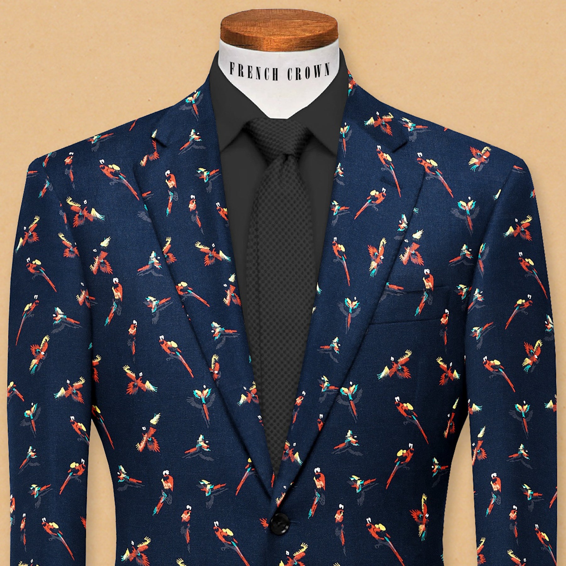 Navy Colorful Parrots Print Designer Blazer