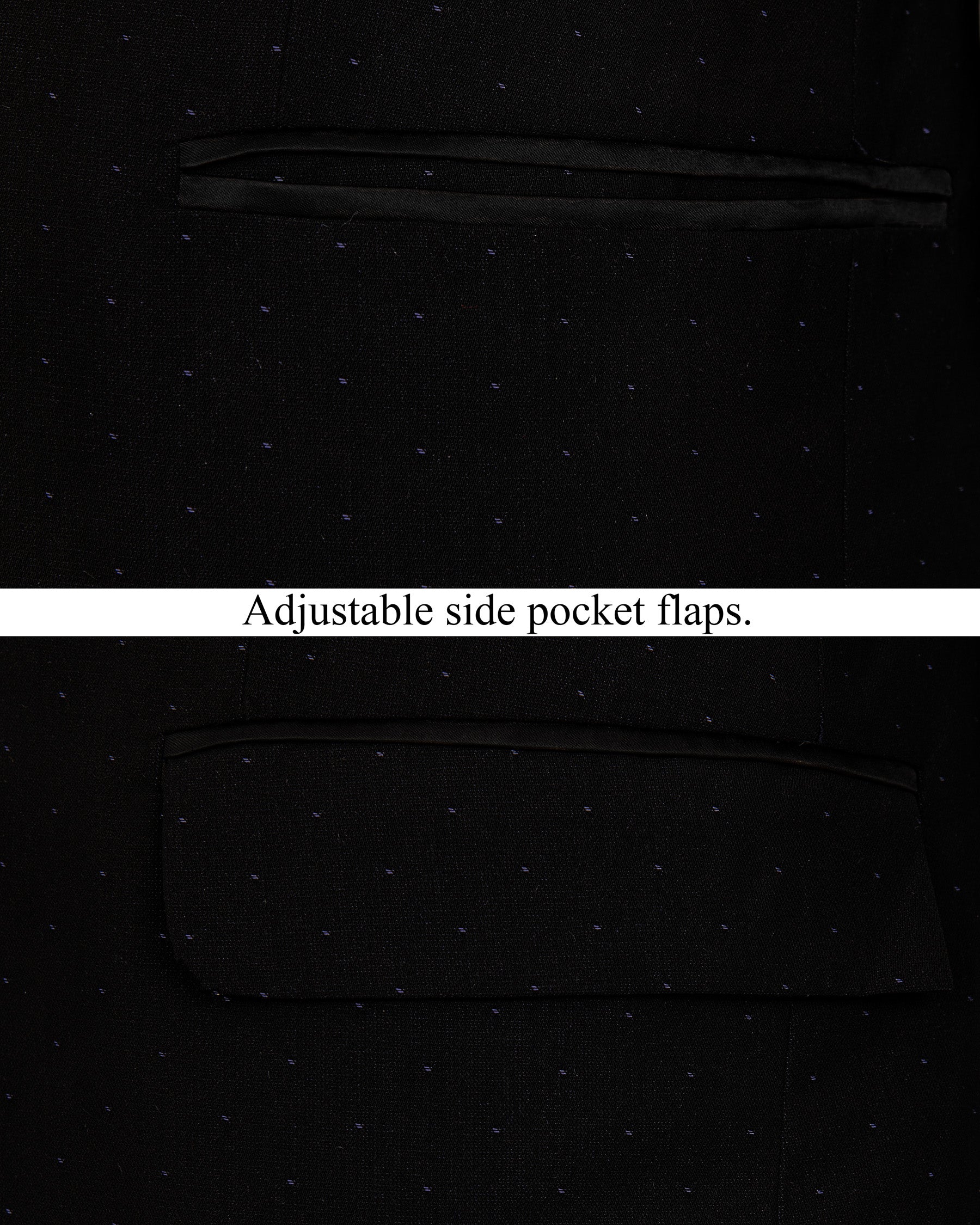 Jade Black Dotted Woolrich Tuxedo Blazer BL1275-BKL-36, BL1275-BKL-38, BL1275-BKL-40, BL1275-BKL-48, BL1275-BKL-50, BL1275-BKL-42, BL1275-BKL-44, BL1275-BKL-46, BL1275-BKL-52, BL1275-BKL-54, BL1275-BKL-56, BL1275-BKL-58, BL1275-BKL-60