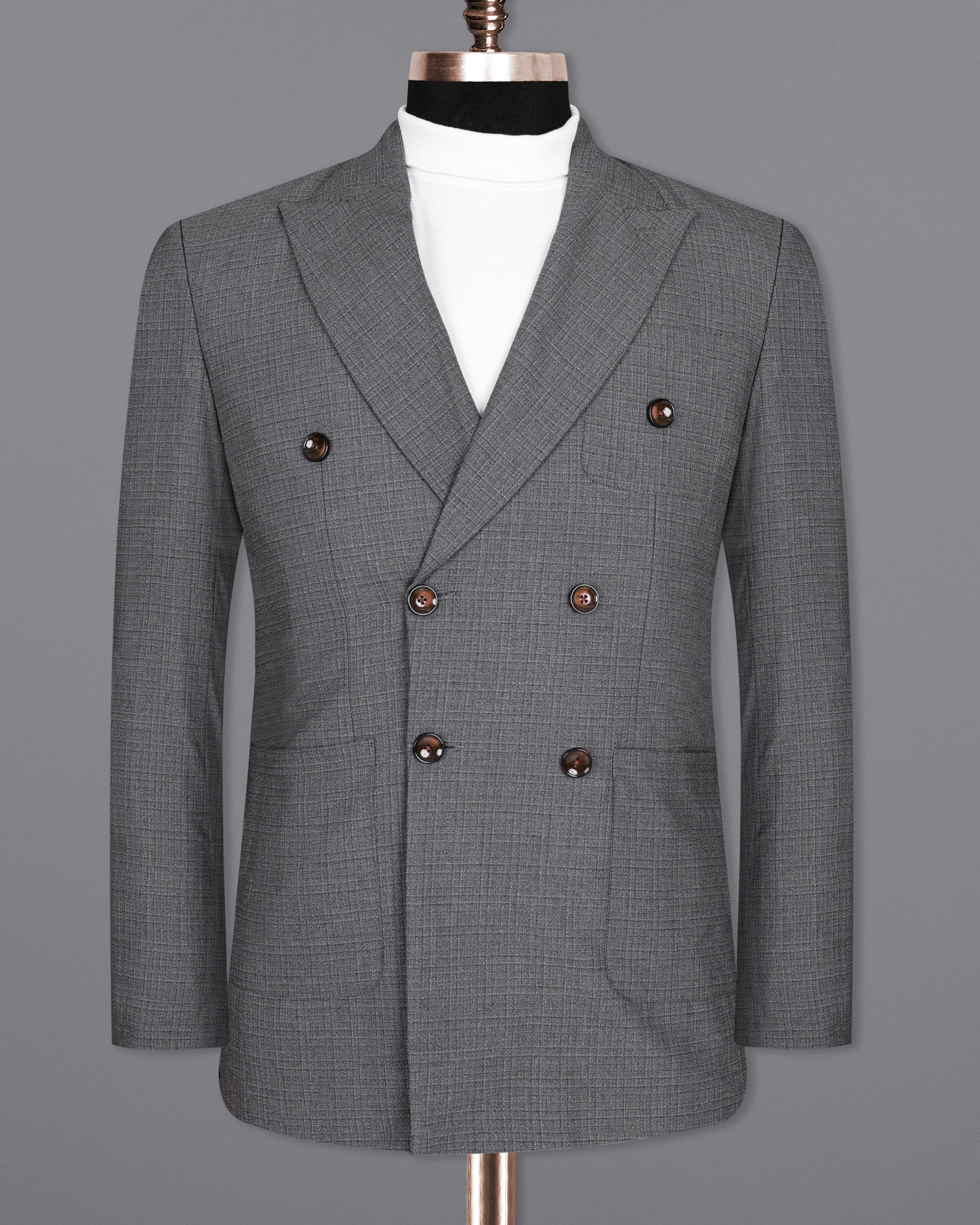 Fuscous Gray Chequered Double Breasted Wool Rich Sports Blazer BL1448-DB-PP-36,BL1448-DB-PP-38,BL1448-DB-PP-40,BL1448-DB-PP-42,BL1448-DB-PP-44,BL1448-DB-PP-46,BL1448-DB-PP-48,BL1448-DB-PP-50,BL1448-DB-PP-52,BL1448-DB-PP-54,BL1448-DB-PP-56,BL1448-DB-PP-58,BL1448-DB-PP-60