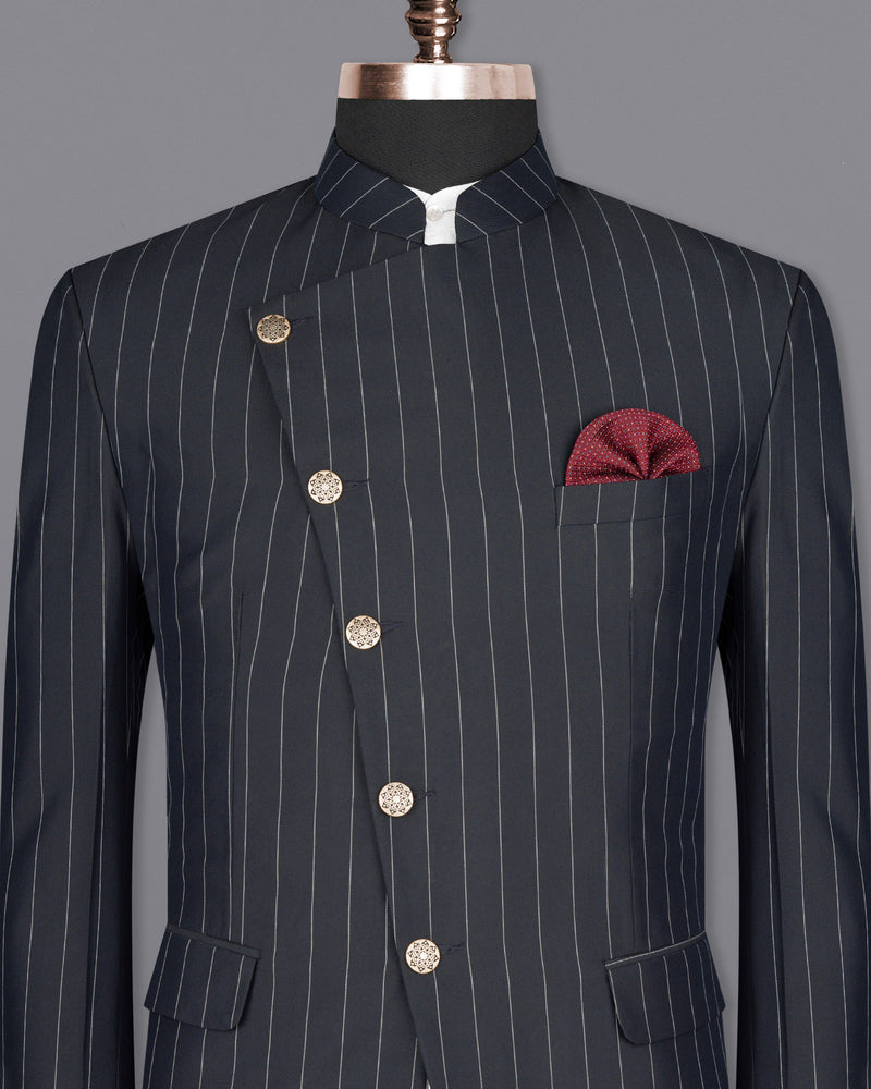 Charcoal Striped Cross Buttoned Wool Rich Bandhgala Blazer BL1590-CBG-36, BL1590-CBG-38, BL1590-CBG-40, BL1590-CBG-42, BL1590-CBG-44, BL1590-CBG-46, BL1590-CBG-48, BL1590-CBG-50, BL1590-CBG-52, BL1590-CBG-54, BL1590-CBG-56, BL1590-CBG-58, BL1590-CBG-60