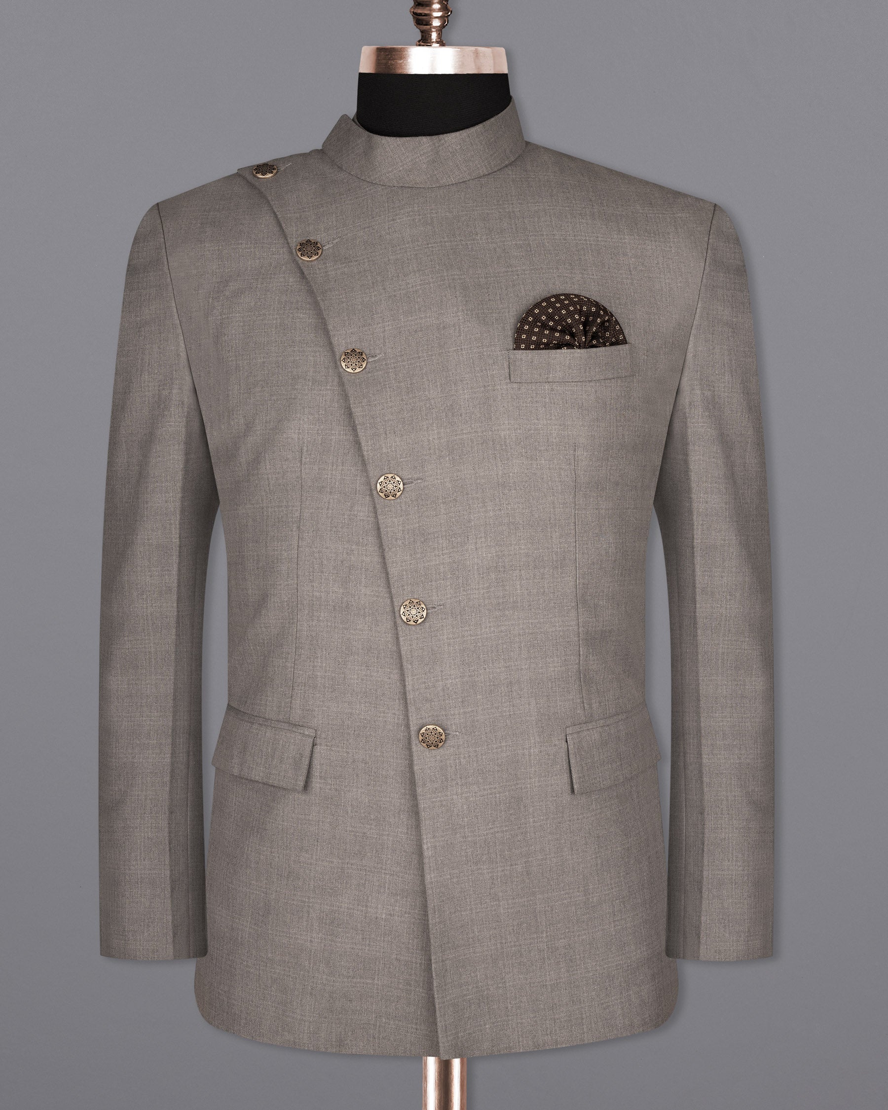 Venus Gray Subtle Plaid Cross Buttoned Wool Rich Bandhgala Blazer BL1595-CBG2-36, BL1595-CBG2-38, BL1595-CBG2-40, BL1595-CBG2-42, BL1595-CBG2-44, BL1595-CBG2-46, BL1595-CBG2-48, BL1595-CBG2-50, BL1595-CBG2-52, BL1595-CBG2-54, BL1595-CBG2-56, BL1595-CBG2-58, BL1595-CBG2-60