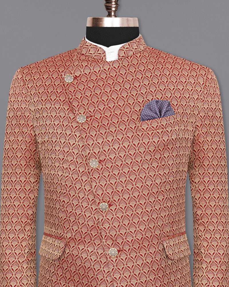 Merlot Red and Anzac Cream Jacquard Textured Cross Buttoned Bandhgala Designer Blazer BL1677-CBG-36, BL1677-CBG-38, BL1677-CBG-40, BL1677-CBG-42, BL1677-CBG-44, BL1677-CBG-46, BL1677-CBG-48, BL1677-CBG-50, BL1677-CBG-52, BL1677-CBG-54, BL1677-CBG-56, BL1677-CBG-58, BL1677-CBG-60