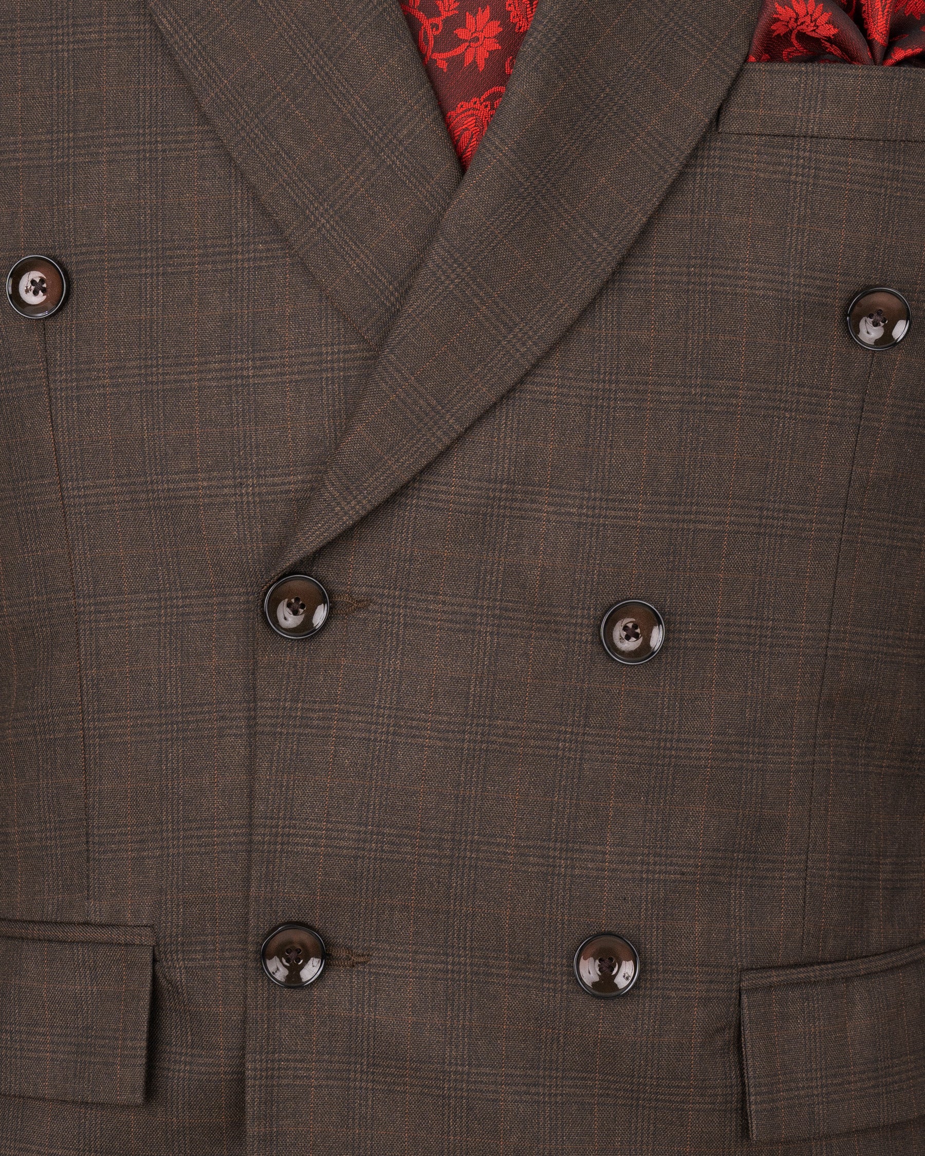Wenge Brown Subtle Plaid Double Breasted Blazer