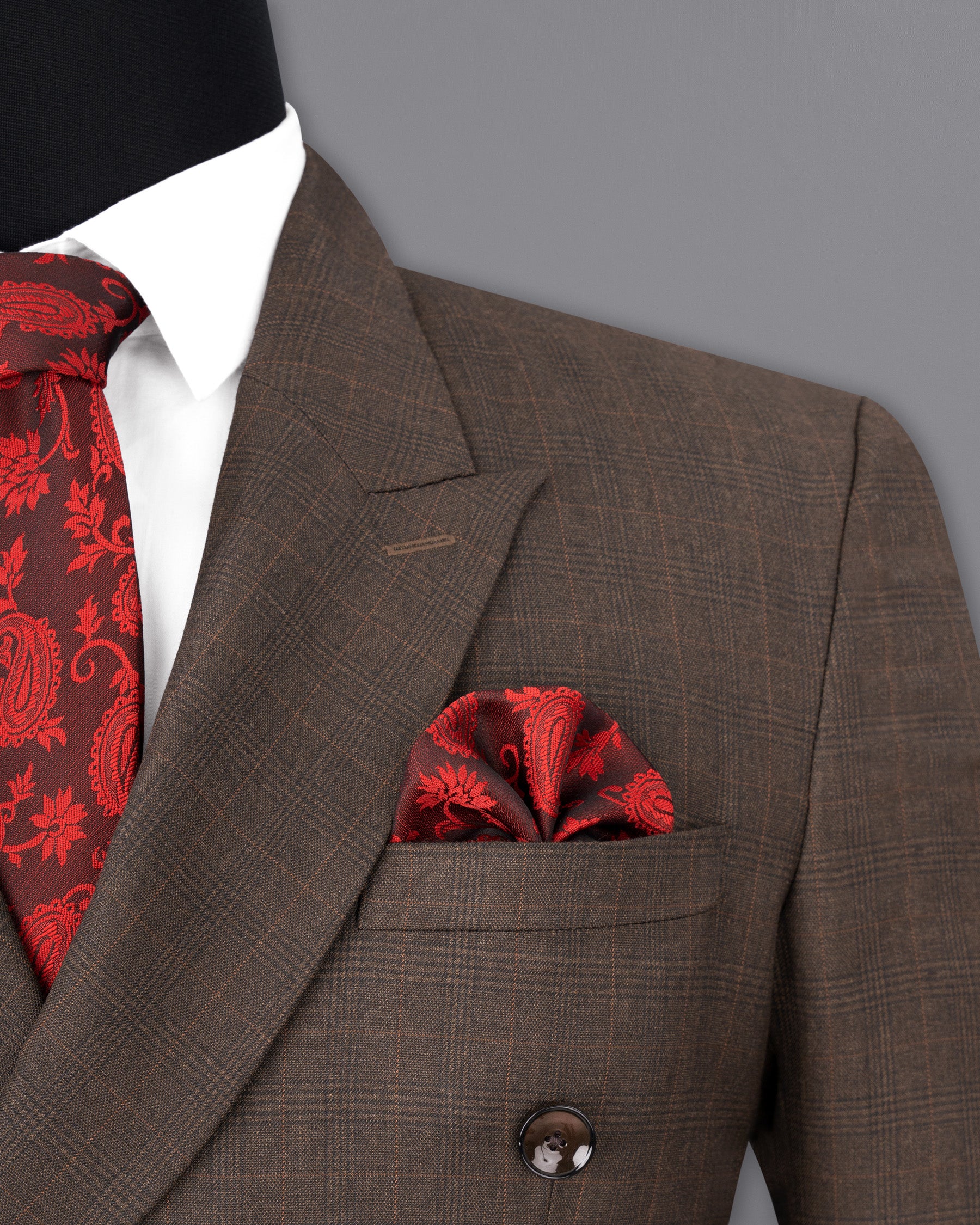 Wenge Brown Subtle Plaid Double Breasted Blazer