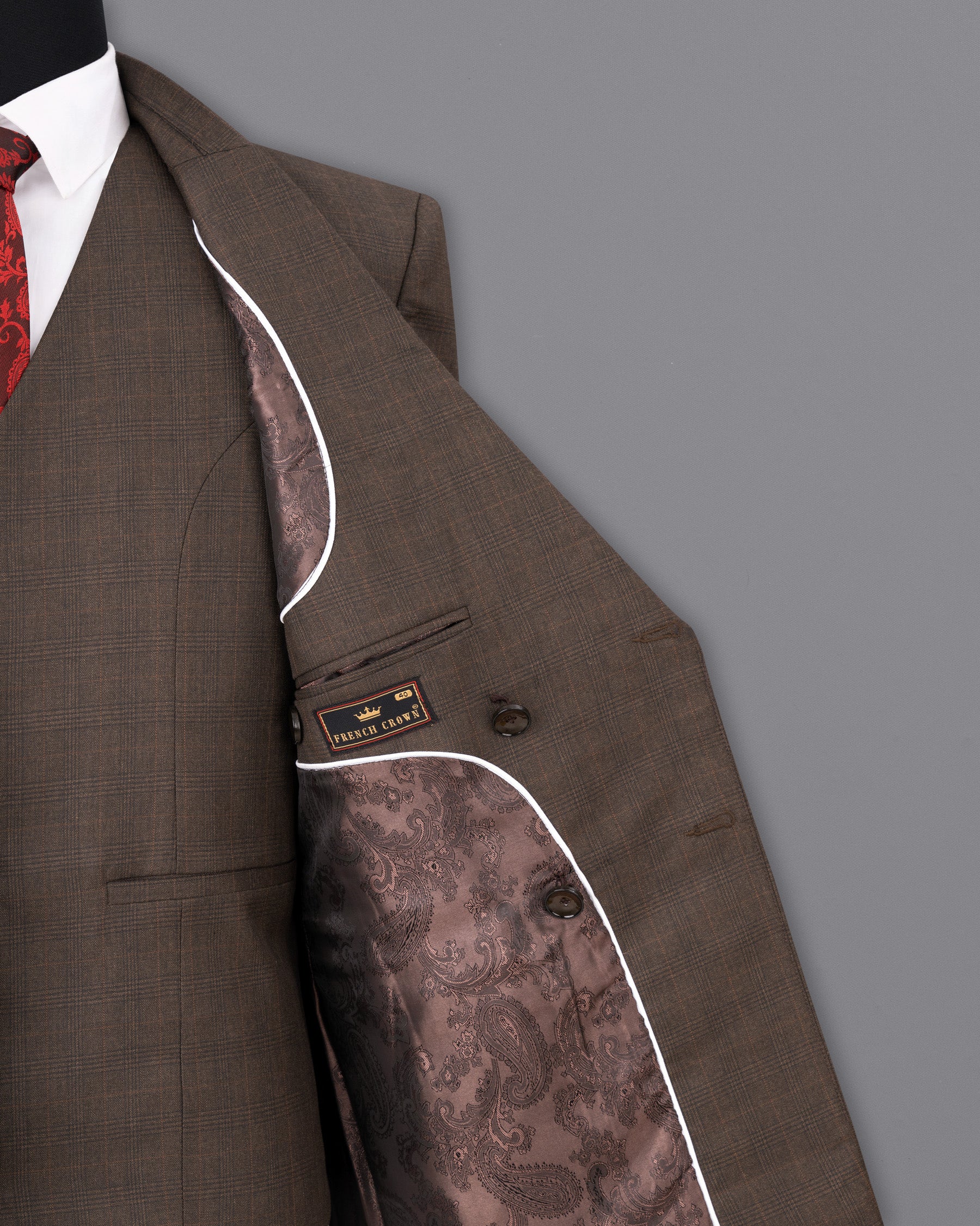 Wenge Brown Subtle Plaid Double Breasted Blazer