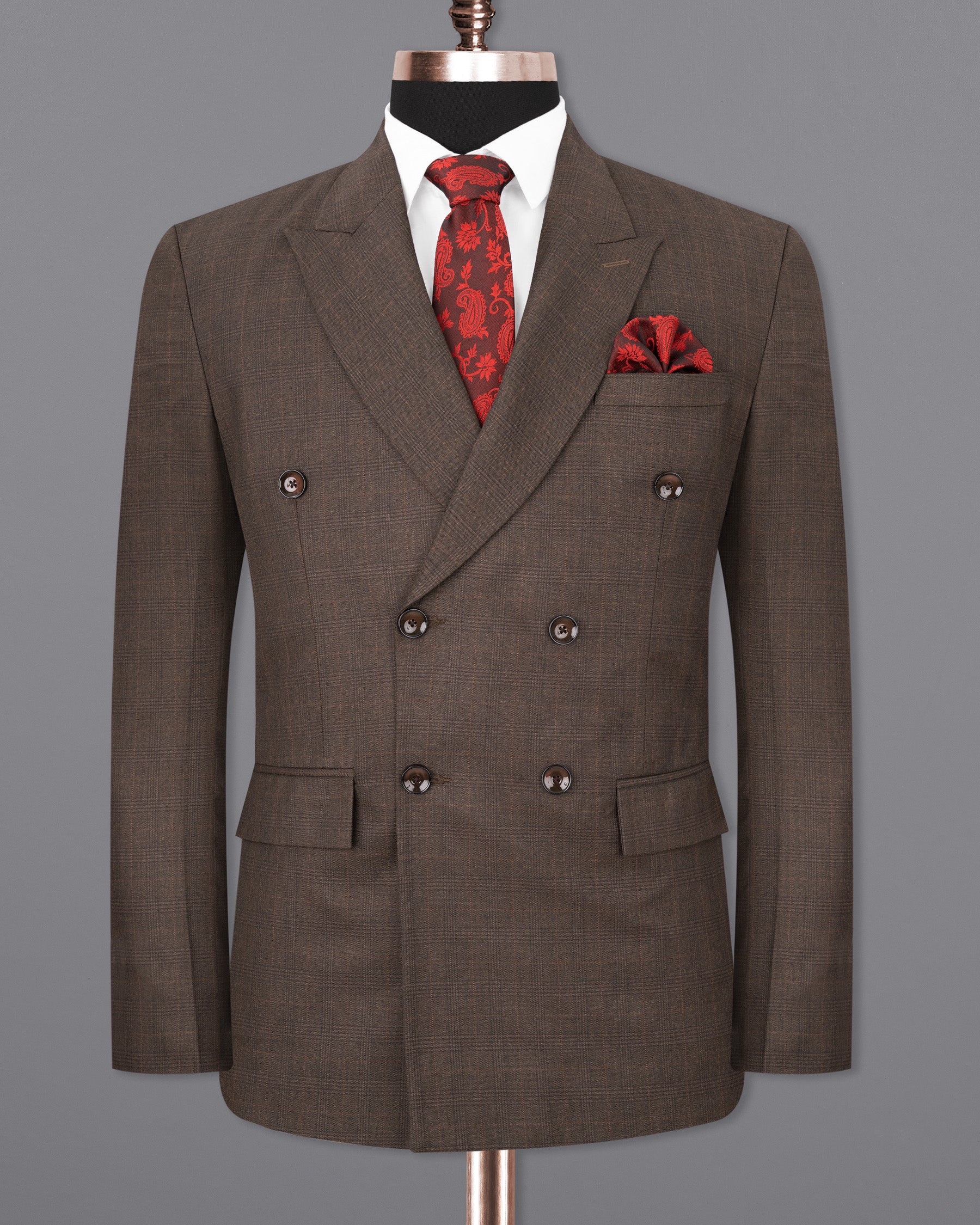 Wenge Brown Subtle Plaid Double Breasted Blazer