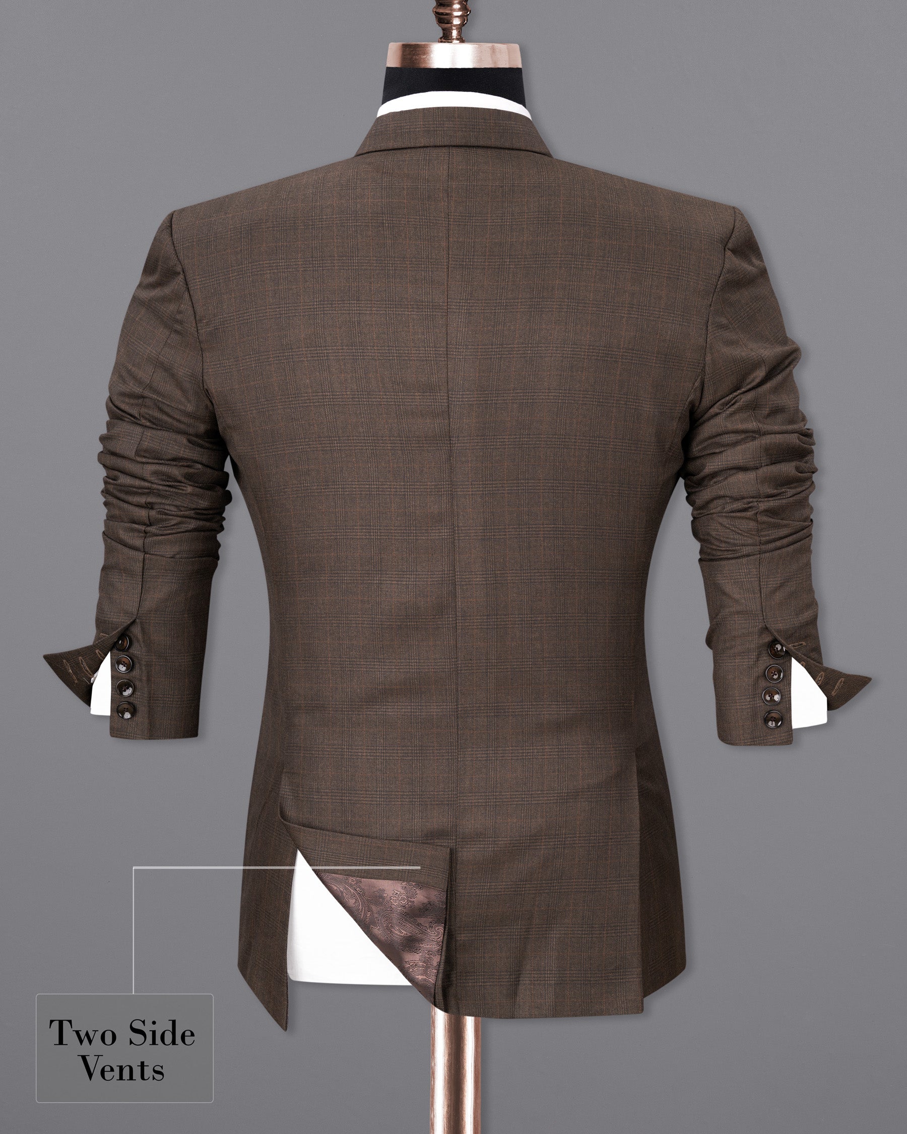 Wenge Brown Subtle Plaid Double Breasted Blazer