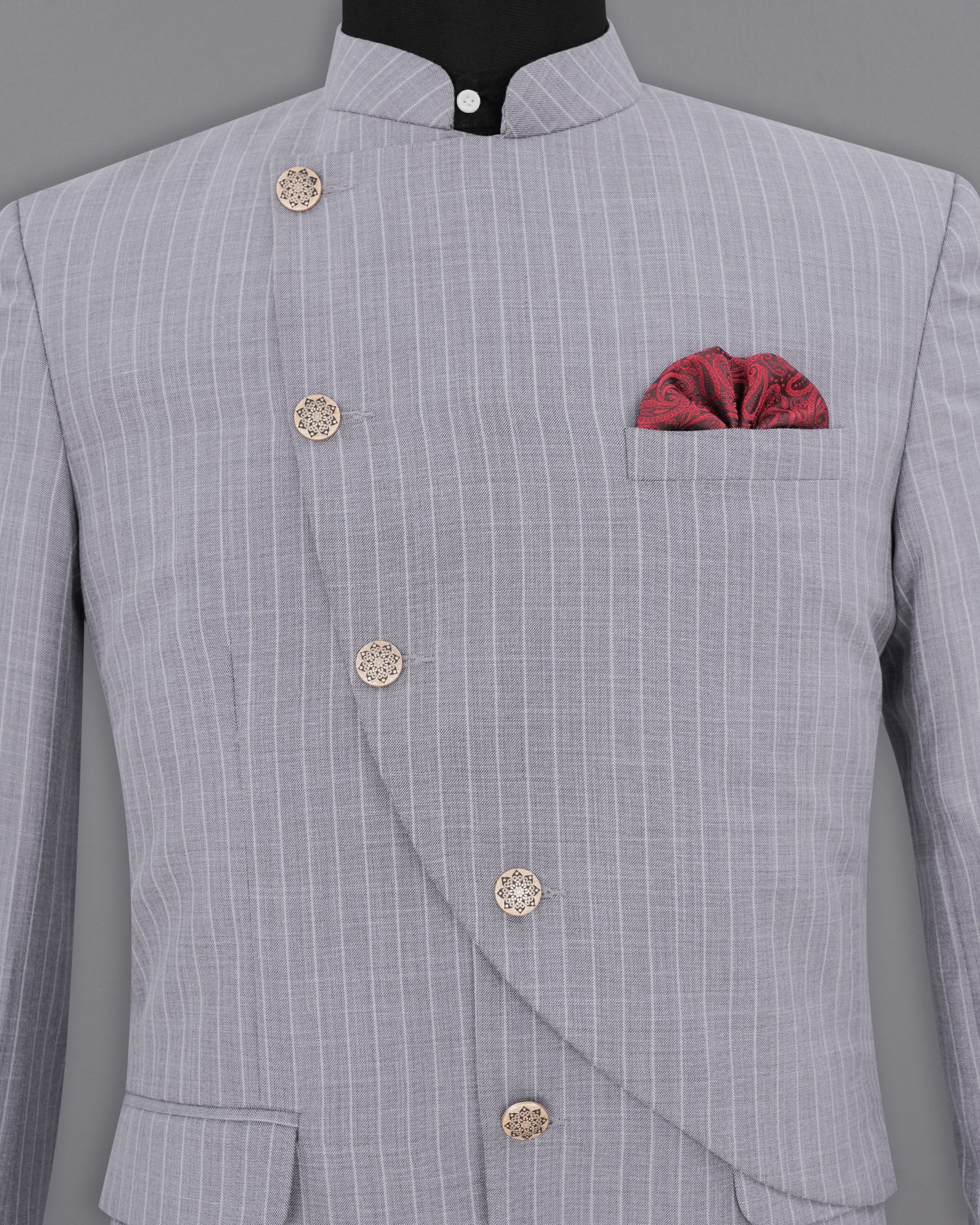 Mobster Grey Striped Cross Buttoned Bandhgala Designer Blazers BL1905-CBG-D44-36,BL1905-CBG-D44-38,BL1905-CBG-D44-40,BL1905-CBG-D44-42,BL1905-CBG-D44-44,BL1905-CBG-D44-46,BL1905-CBG-D44-48,BL1905-CBG-D44-50,BL1905-CBG-D44-52,BL1905-CBG-D44-54,BL1905-CBG-D44-56,BL1905-CBG-D44-58,BL1905-CBG-D44-60