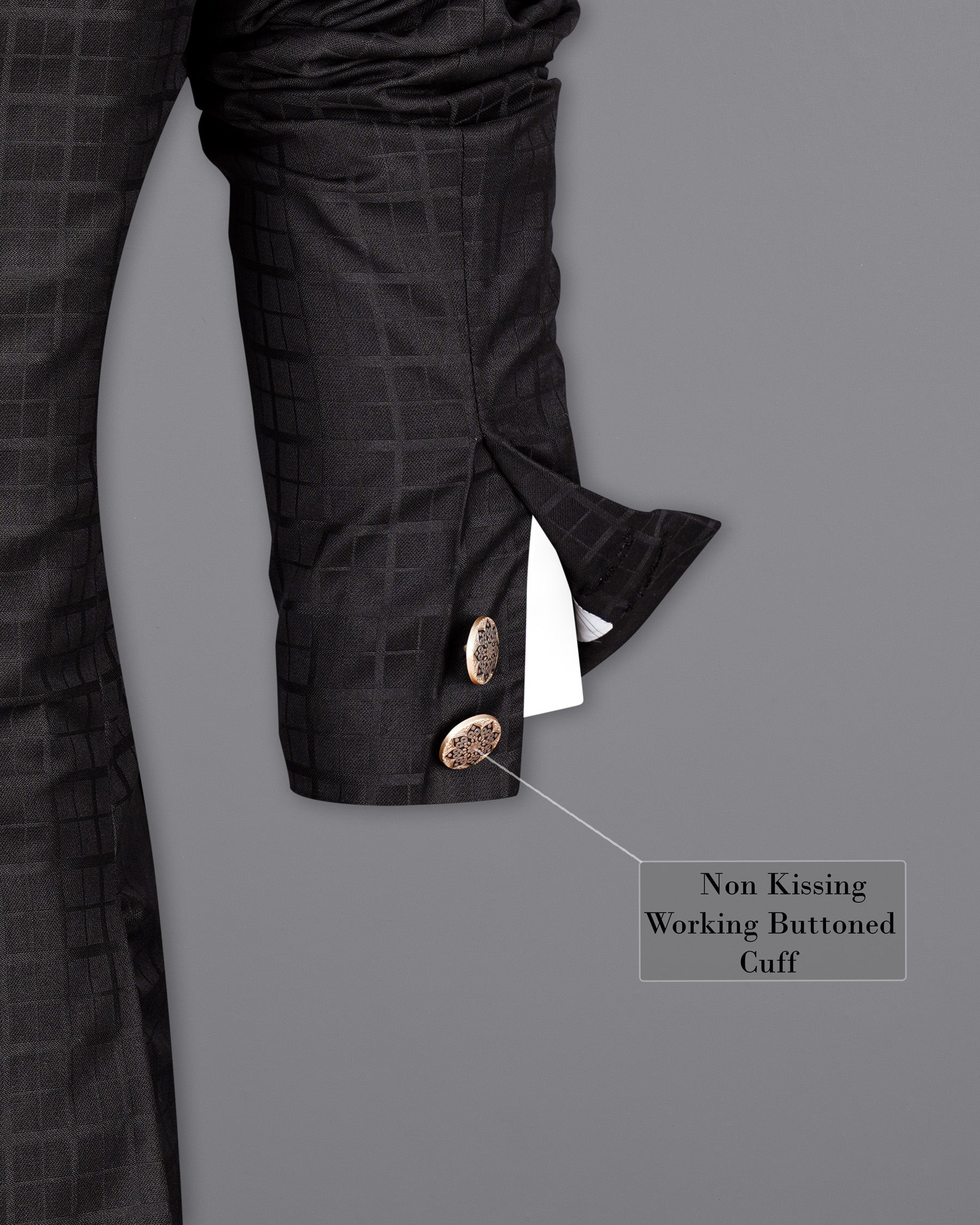 Baltic Sea Black Subtle Plaid Cross Buttoned Bandhgala Blazer BL1953-CBG-36, BL1953-CBG-38, BL1953-CBG-40, BL1953-CBG-42, BL1953-CBG-44, BL1953-CBG-46, BL1953-CBG-48, BL1953-CBG-50, BL1953-CBG-52, BL1953-CBG-54, BL1953-CBG-56, BL1953-CBG-58, BL1953-CBG-60