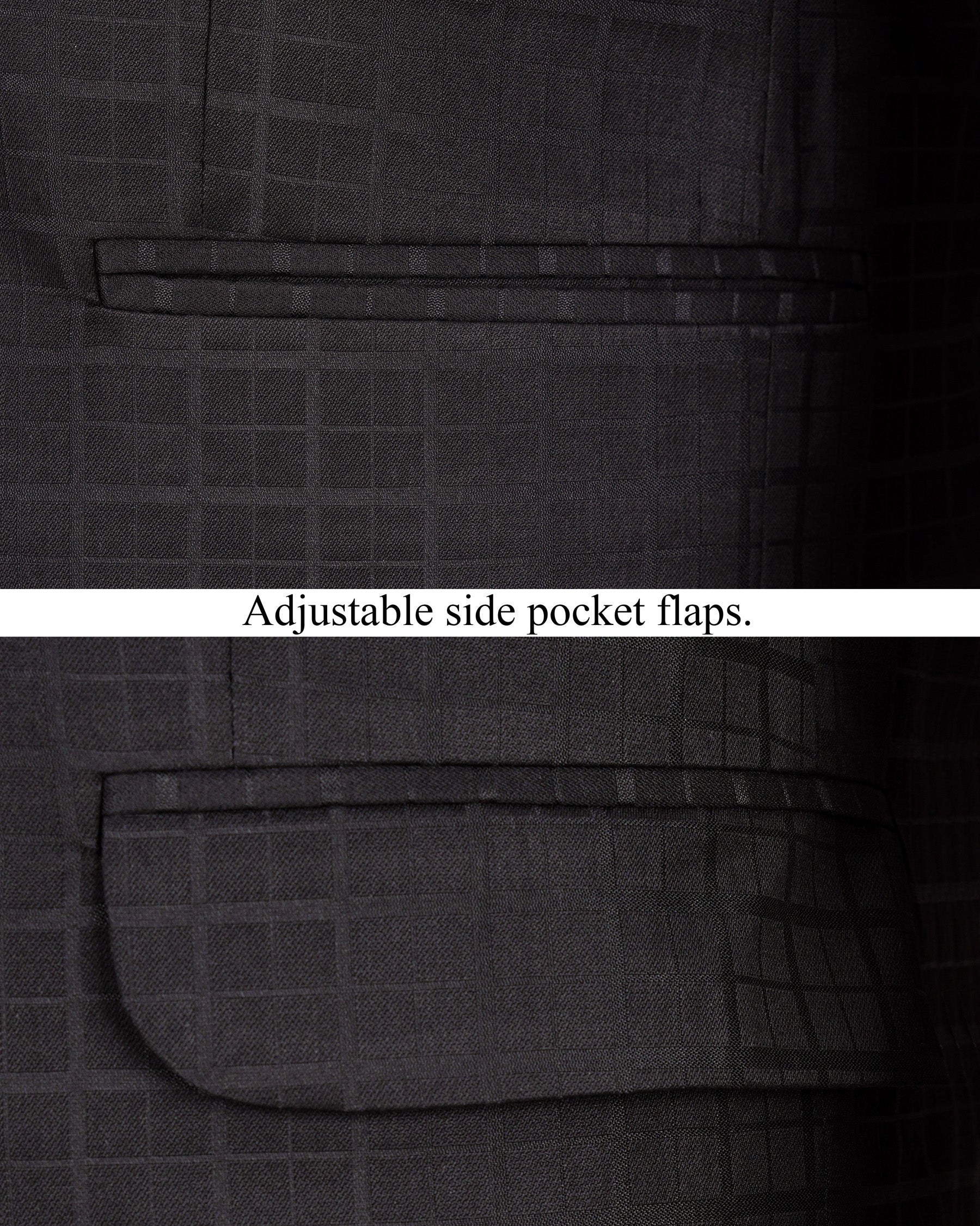 Baltic Sea Black Subtle Plaid Cross Buttoned Bandhgala Blazer BL1953-CBG-36, BL1953-CBG-38, BL1953-CBG-40, BL1953-CBG-42, BL1953-CBG-44, BL1953-CBG-46, BL1953-CBG-48, BL1953-CBG-50, BL1953-CBG-52, BL1953-CBG-54, BL1953-CBG-56, BL1953-CBG-58, BL1953-CBG-60