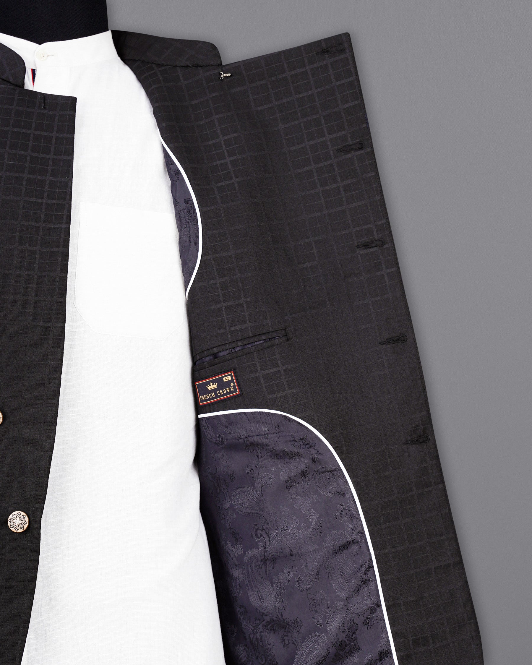 Baltic Sea Black Subtle Plaid Cross Buttoned Bandhgala Blazer BL1953-CBG-36, BL1953-CBG-38, BL1953-CBG-40, BL1953-CBG-42, BL1953-CBG-44, BL1953-CBG-46, BL1953-CBG-48, BL1953-CBG-50, BL1953-CBG-52, BL1953-CBG-54, BL1953-CBG-56, BL1953-CBG-58, BL1953-CBG-60