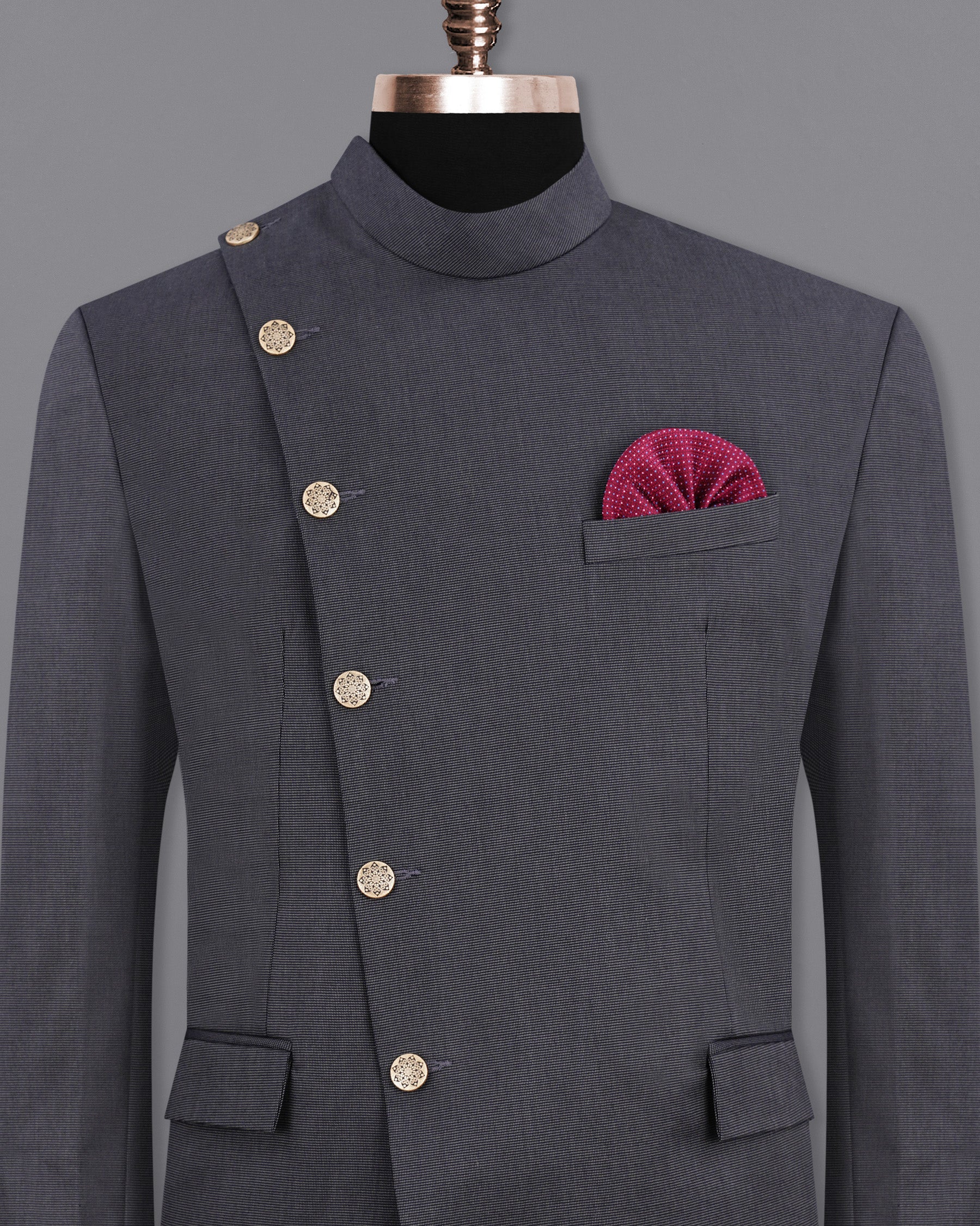 Gunmetal Gray Cross Buttoned Bandhgala Premium Cotton Blazer BL1959-CBG2-36, BL1959-CBG2-38, BL1959-CBG2-40, BL1959-CBG2-42, BL1959-CBG2-44, BL1959-CBG2-46, BL1959-CBG2-48, BL1959-CBG2-50, BL1959-CBG2-52, BL1959-CBG2-54, BL1959-CBG2-56, BL1959-CBG2-58, BL1959-CBG2-60