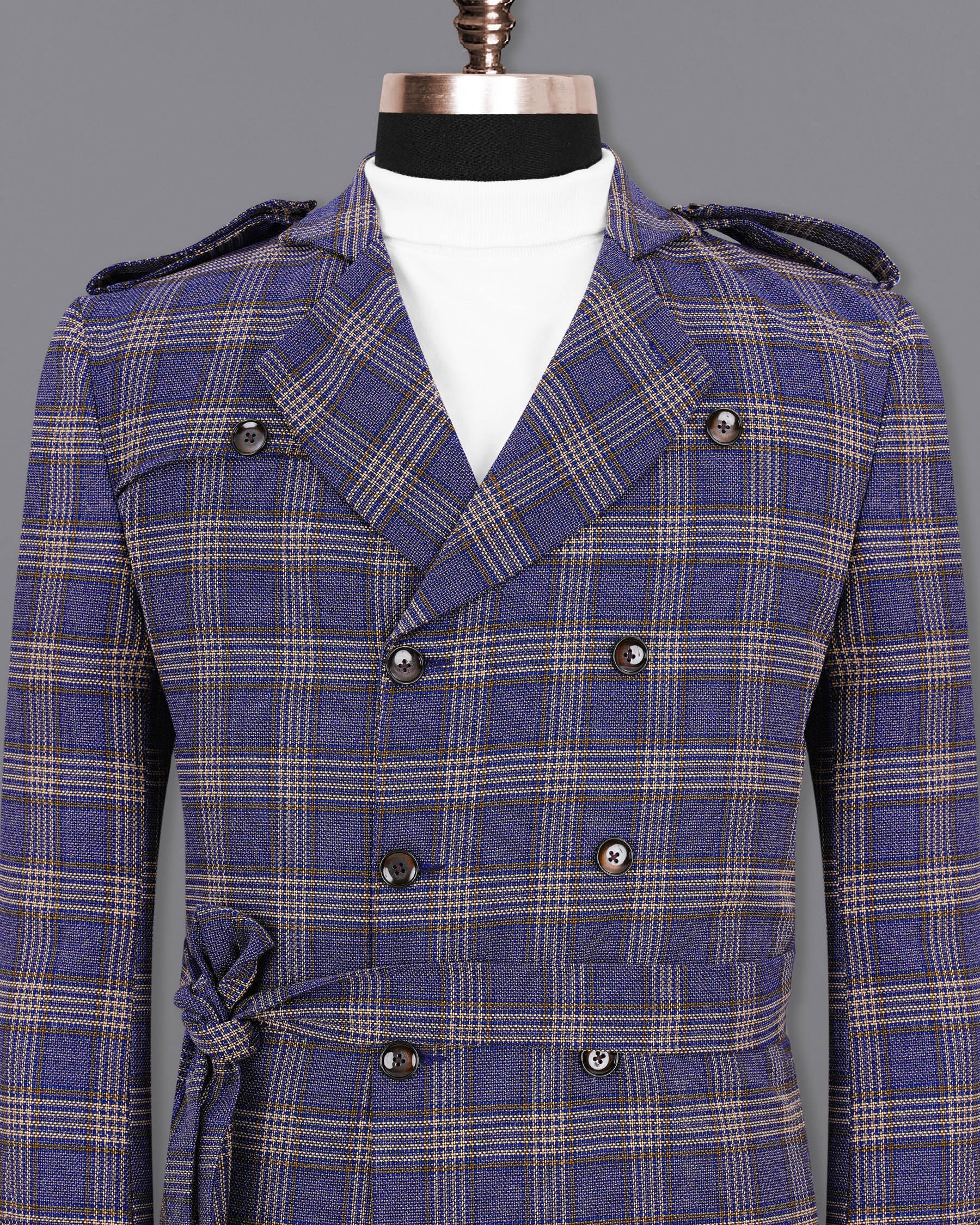 Meteorite Navy Blue with Tide Brown Plaid Double Breasted Designer Blazer BL1969-DB-D42-36, BL1969-DB-D42-38, BL1969-DB-D42-40, BL1969-DB-D42-42, BL1969-DB-D42-44, BL1969-DB-D42-46, BL1969-DB-D42-48, BL1969-DB-D42-50, BL1969-DB-D42-52, BL1969-DB-D42-54, BL1969-DB-D42-56, BL1969-DB-D42-58, BL1969-DB-D42-60