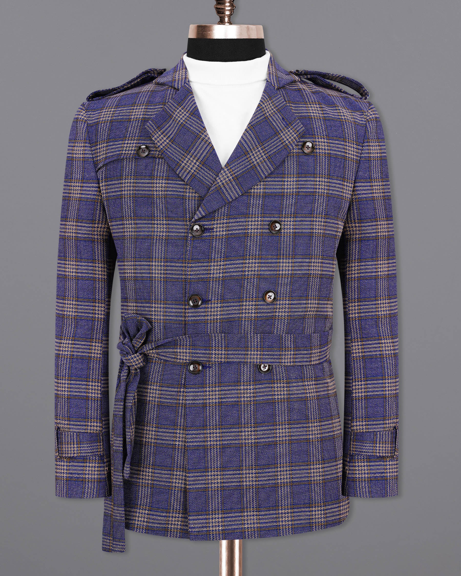 Meteorite Navy Blue with Tide Brown Plaid Double Breasted Designer Blazer BL1969-DB-D42-36, BL1969-DB-D42-38, BL1969-DB-D42-40, BL1969-DB-D42-42, BL1969-DB-D42-44, BL1969-DB-D42-46, BL1969-DB-D42-48, BL1969-DB-D42-50, BL1969-DB-D42-52, BL1969-DB-D42-54, BL1969-DB-D42-56, BL1969-DB-D42-58, BL1969-DB-D42-60