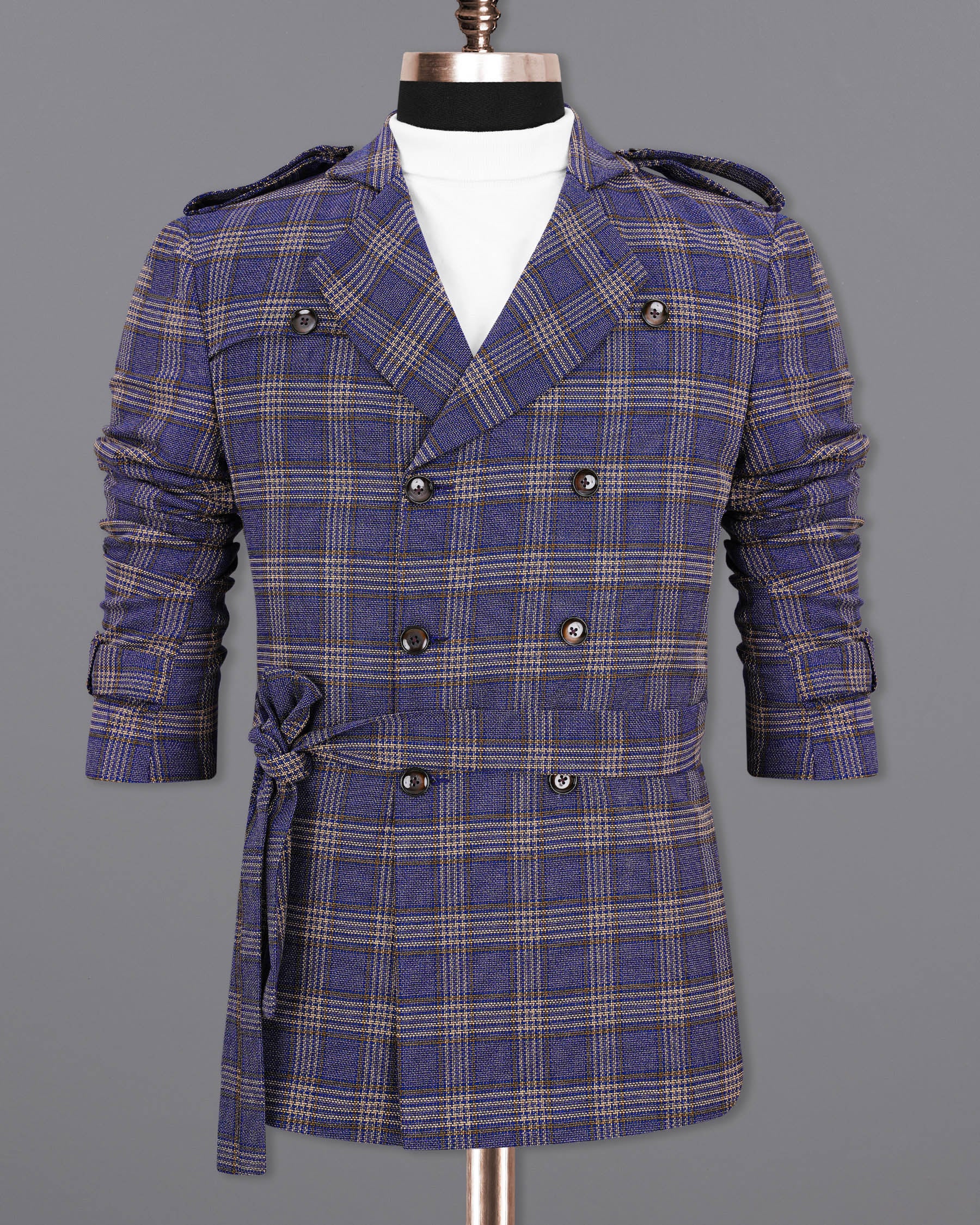 Meteorite Navy Blue with Tide Brown Plaid Double Breasted Designer Blazer BL1969-DB-D42-36, BL1969-DB-D42-38, BL1969-DB-D42-40, BL1969-DB-D42-42, BL1969-DB-D42-44, BL1969-DB-D42-46, BL1969-DB-D42-48, BL1969-DB-D42-50, BL1969-DB-D42-52, BL1969-DB-D42-54, BL1969-DB-D42-56, BL1969-DB-D42-58, BL1969-DB-D42-60