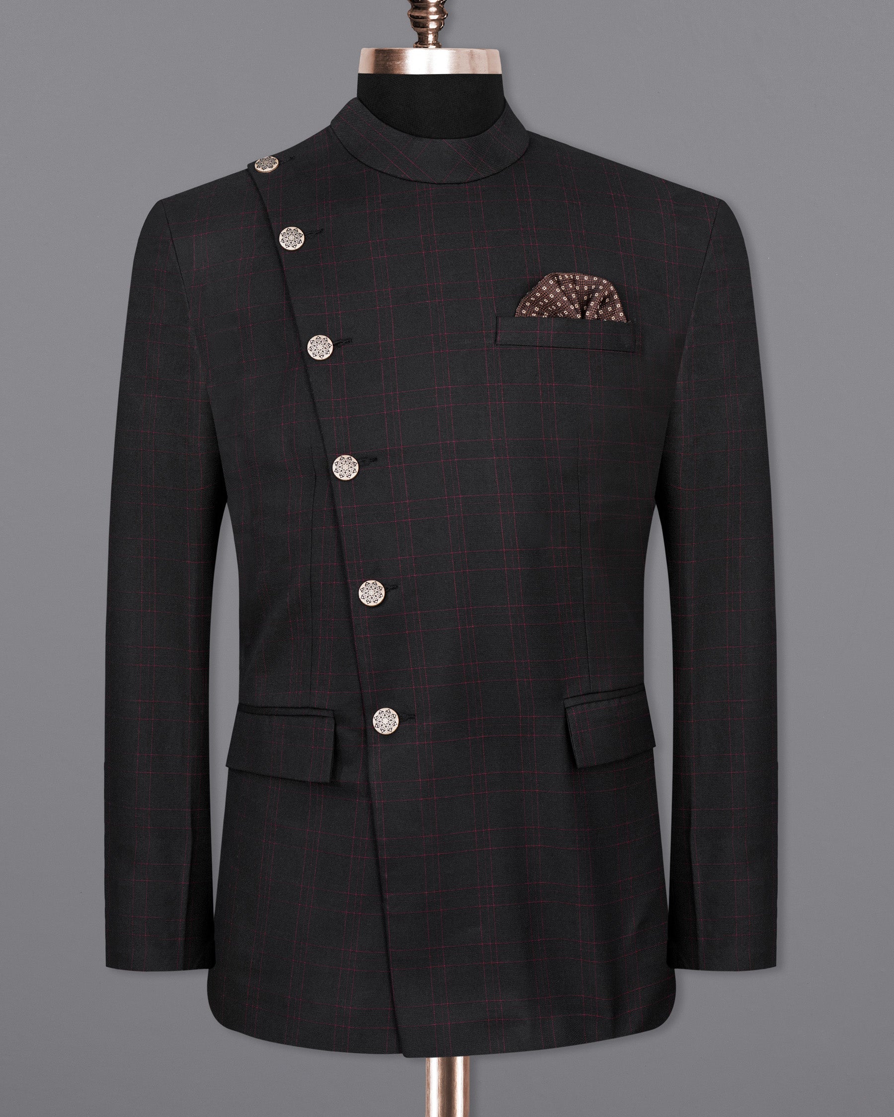 Onyx Black windowpane Cross buttoned Bandhgala Blazer BL2018-CBG2-36, BL2018-CBG2-38, BL2018-CBG2-40, BL2018-CBG2-42, BL2018-CBG2-44, BL2018-CBG2-46, BL2018-CBG2-48, BL2018-CBG2-50, BL2018-CBG2-52, BL2018-CBG2-54, BL2018-CBG2-56, BL2018-CBG2-58, BL2018-CBG2-60