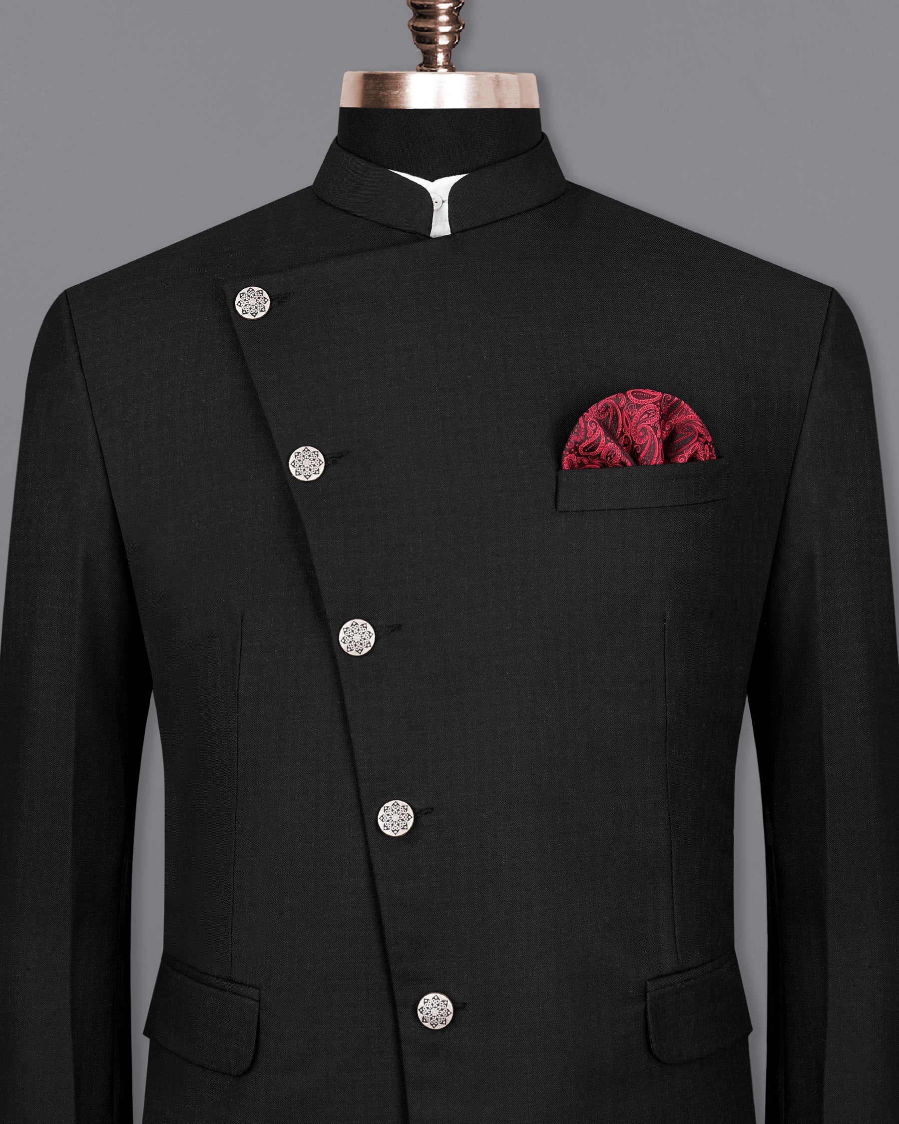 Jade Black Cross Buttoned Bandhgala Blazer BL2023-CBG-36, BL2023-CBG-38, BL2023-CBG-40, BL2023-CBG-42, BL2023-CBG-44, BL2023-CBG-46, BL2023-CBG-48, BL2023-CBG-50, BL2023-CBG-52, BL2023-CBG-54, BL2023-CBG-56, BL2023-CBG-58, BL2023-CBG-60