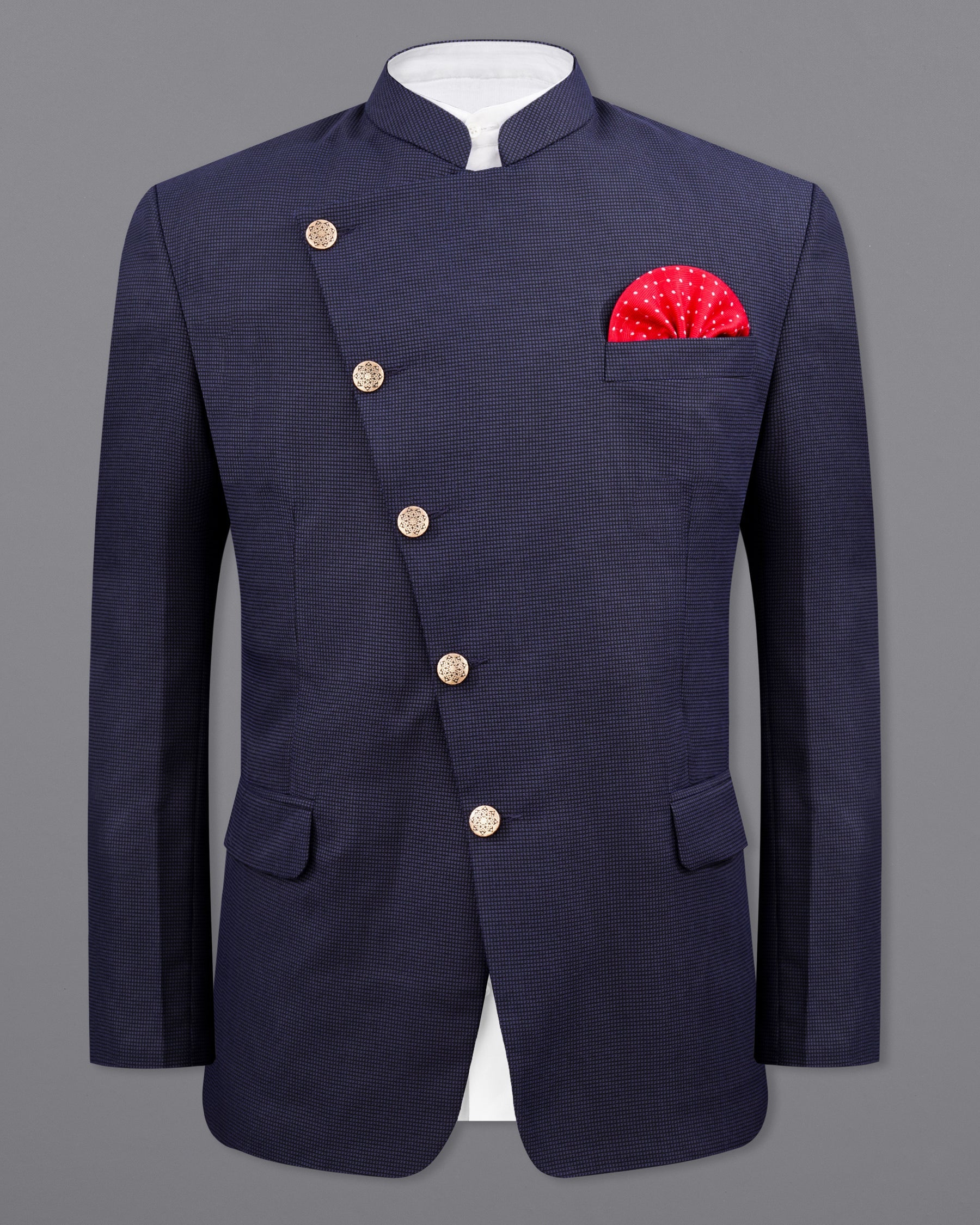 Ebony Clay Blue Cross Placket Bandhgala Blazer