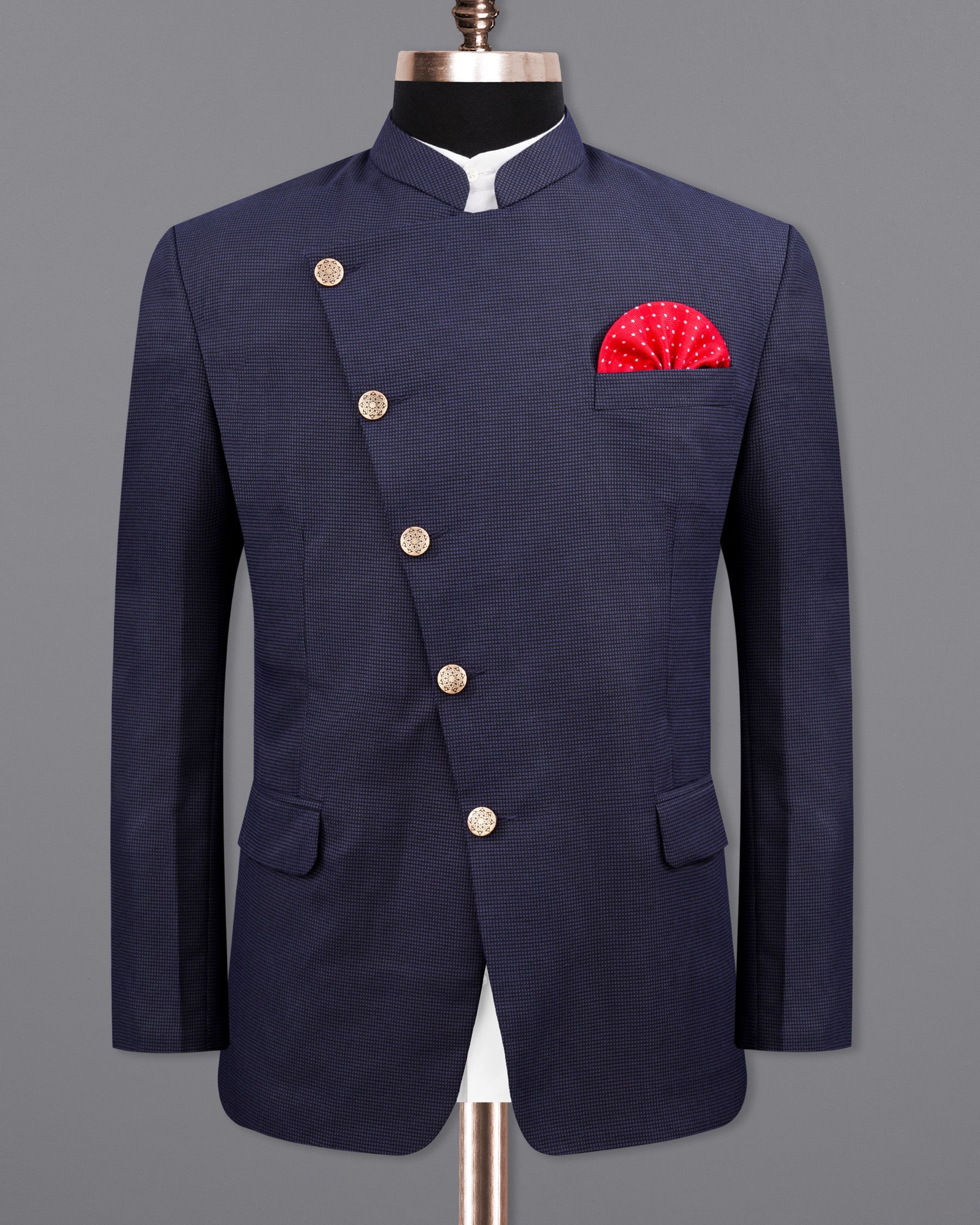 Ebony Clay Blue Cross Placket Bandhgala Blazer