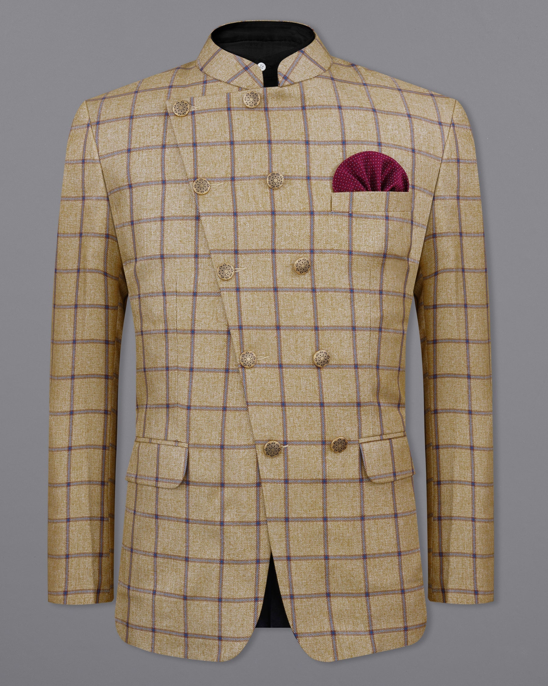 Mongoose Brown with Dianne Blue Windowpane Cross Placket Bandhgala Blazer