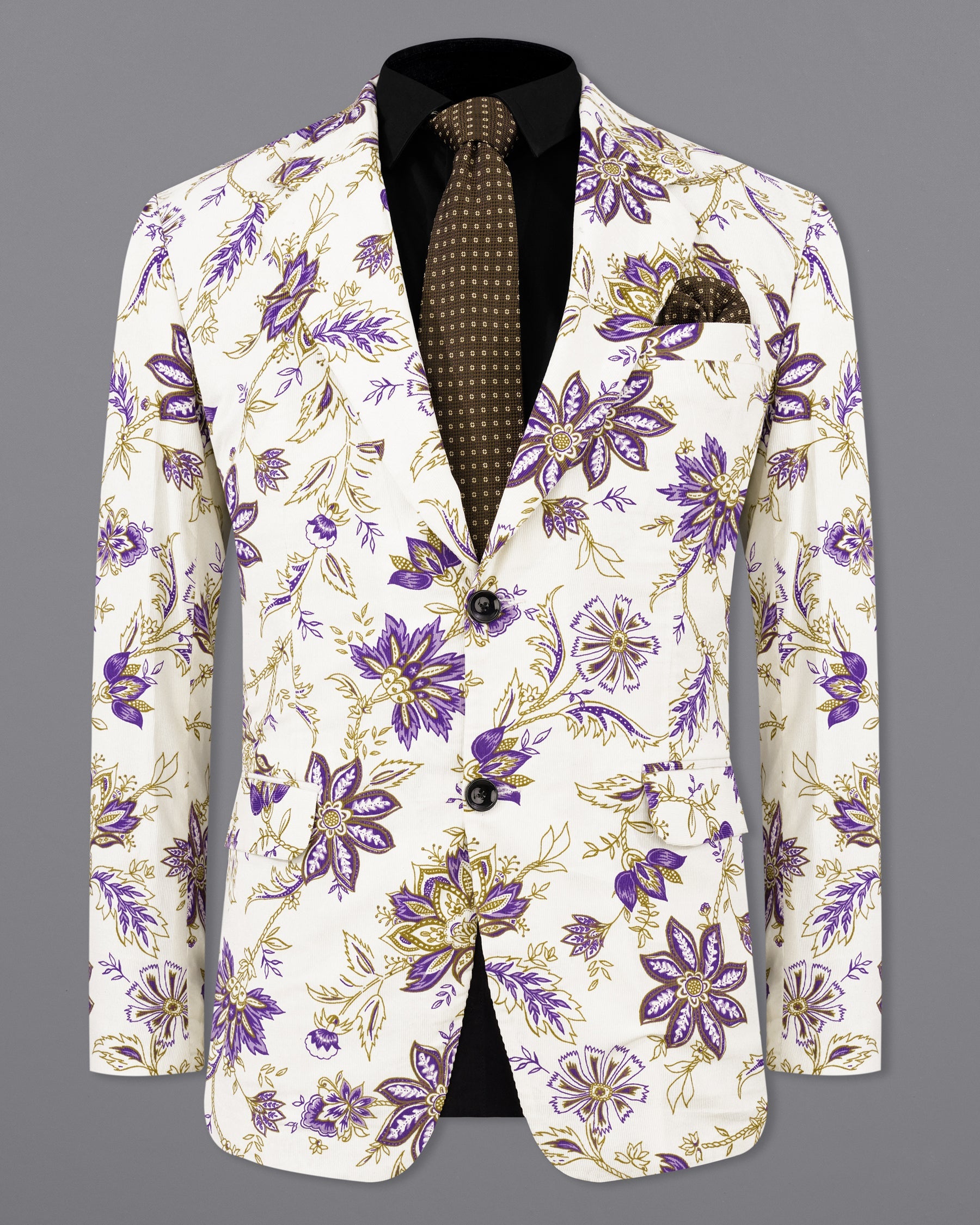 Desert Storm Cream with Eminence Blue Leaves Printed Premium Cotton Designer Blazer BL2165-SB-36, BL2165-SB-38, BL2165-SB-40, BL2165-SB-42, BL2165-SB-44, BL2165-SB-46, BL2165-SB-48, BL2165-SB-50, BL2165-SB-52, BL2165-SB-54, BL2165-SB-56, BL2165-SB-58, BL2165-SB-60