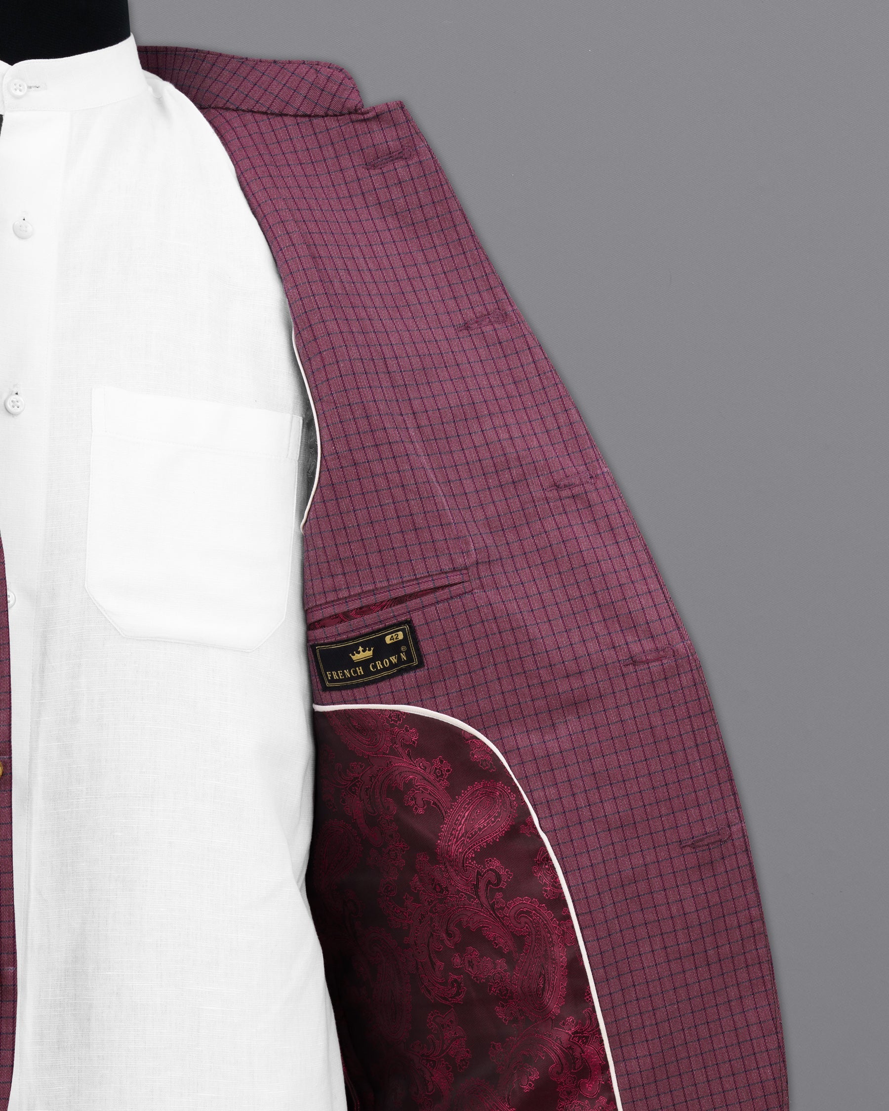 Tuscan Pink Gingham Premium Cotton Bandhgala Designer Blazer BL2185-BG-36, BL2185-BG-38, BL2185-BG-40, BL2185-BG-42, BL2185-BG-44, BL2185-BG-46, BL2185-BG-48, BL2185-BG-50, BL2185-BG-52, BL2185-BG-54, BL2185-BG-56, BL2185-BG-58, BL2185-BG-60