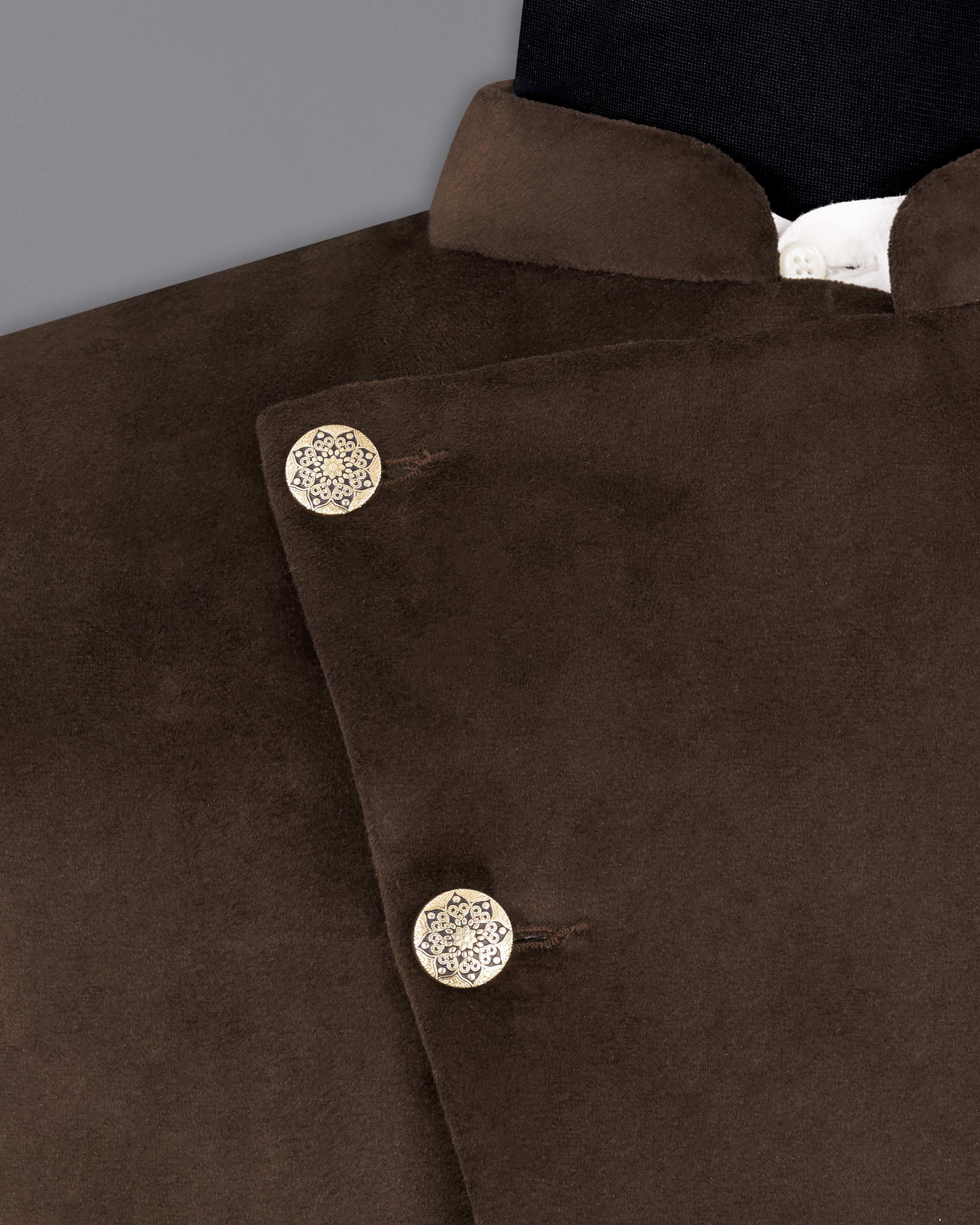 Bistre Brown Cross Button Bandhgala Velvet Designer Blazer BL2226-CBG-36, BL2226-CBG-38, BL2226-CBG-40, BL2226-CBG-42, BL2226-CBG-44, BL2226-CBG-46, BL2226-CBG-48, BL2226-CBG-50, BL2226-CBG-52, BL2226-CBG-54, BL2226-CBG-56, BL2226-CBG-58, BL2226-CBG-60