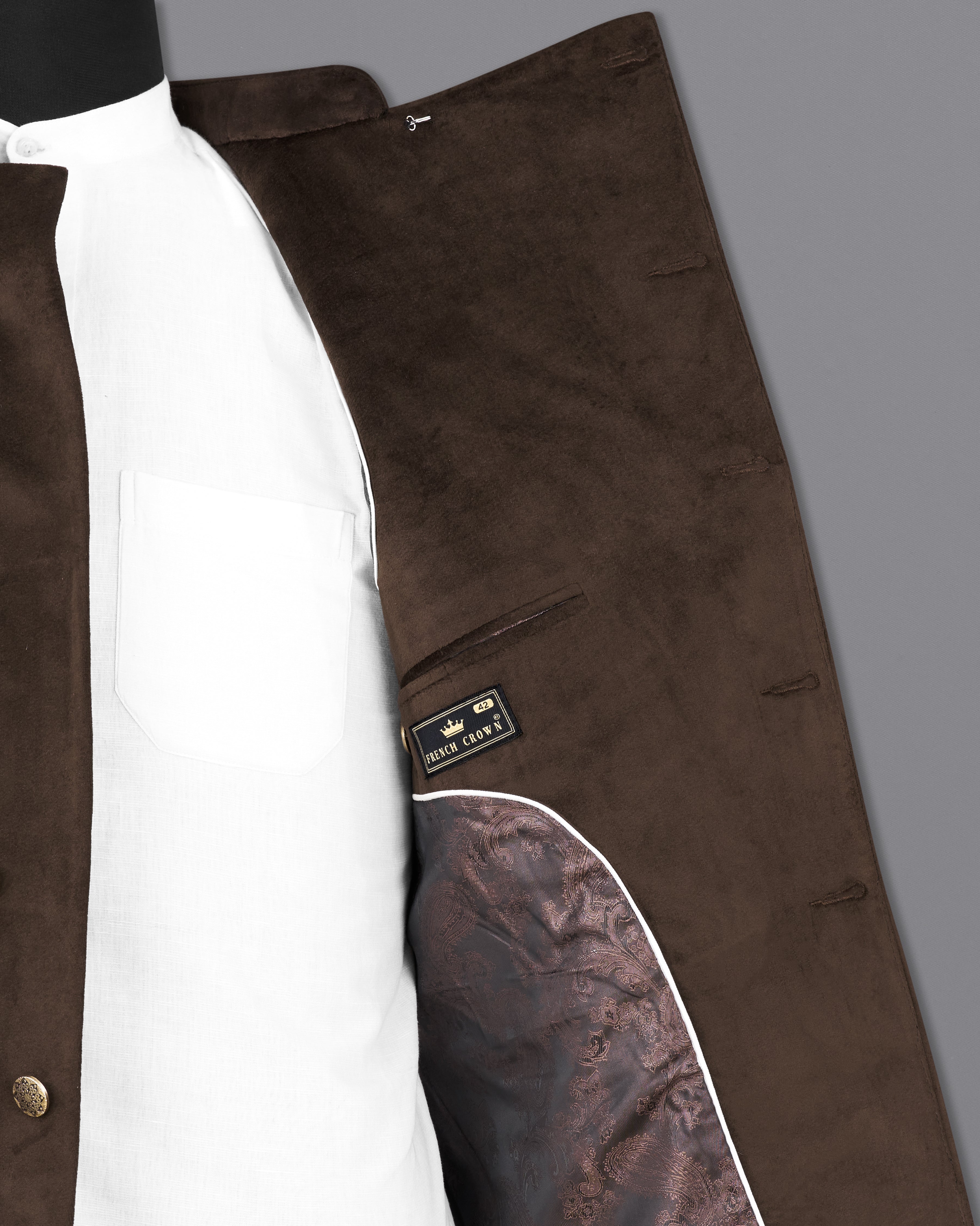 Bistre Brown Cross Button Bandhgala Velvet Designer Blazer BL2226-CBG-36, BL2226-CBG-38, BL2226-CBG-40, BL2226-CBG-42, BL2226-CBG-44, BL2226-CBG-46, BL2226-CBG-48, BL2226-CBG-50, BL2226-CBG-52, BL2226-CBG-54, BL2226-CBG-56, BL2226-CBG-58, BL2226-CBG-60