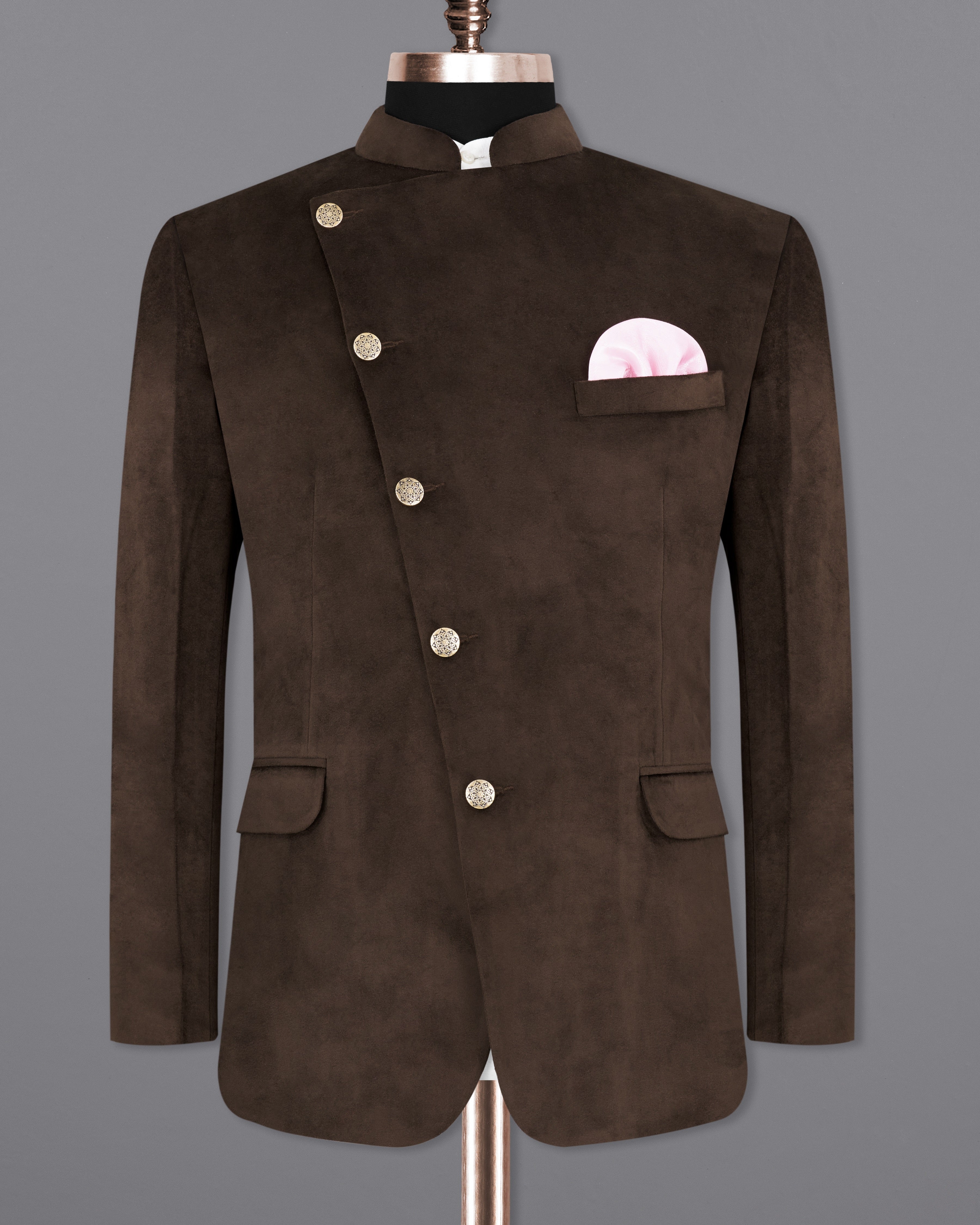 Bistre Brown Cross Button Bandhgala Velvet Designer Blazer BL2226-CBG-36, BL2226-CBG-38, BL2226-CBG-40, BL2226-CBG-42, BL2226-CBG-44, BL2226-CBG-46, BL2226-CBG-48, BL2226-CBG-50, BL2226-CBG-52, BL2226-CBG-54, BL2226-CBG-56, BL2226-CBG-58, BL2226-CBG-60