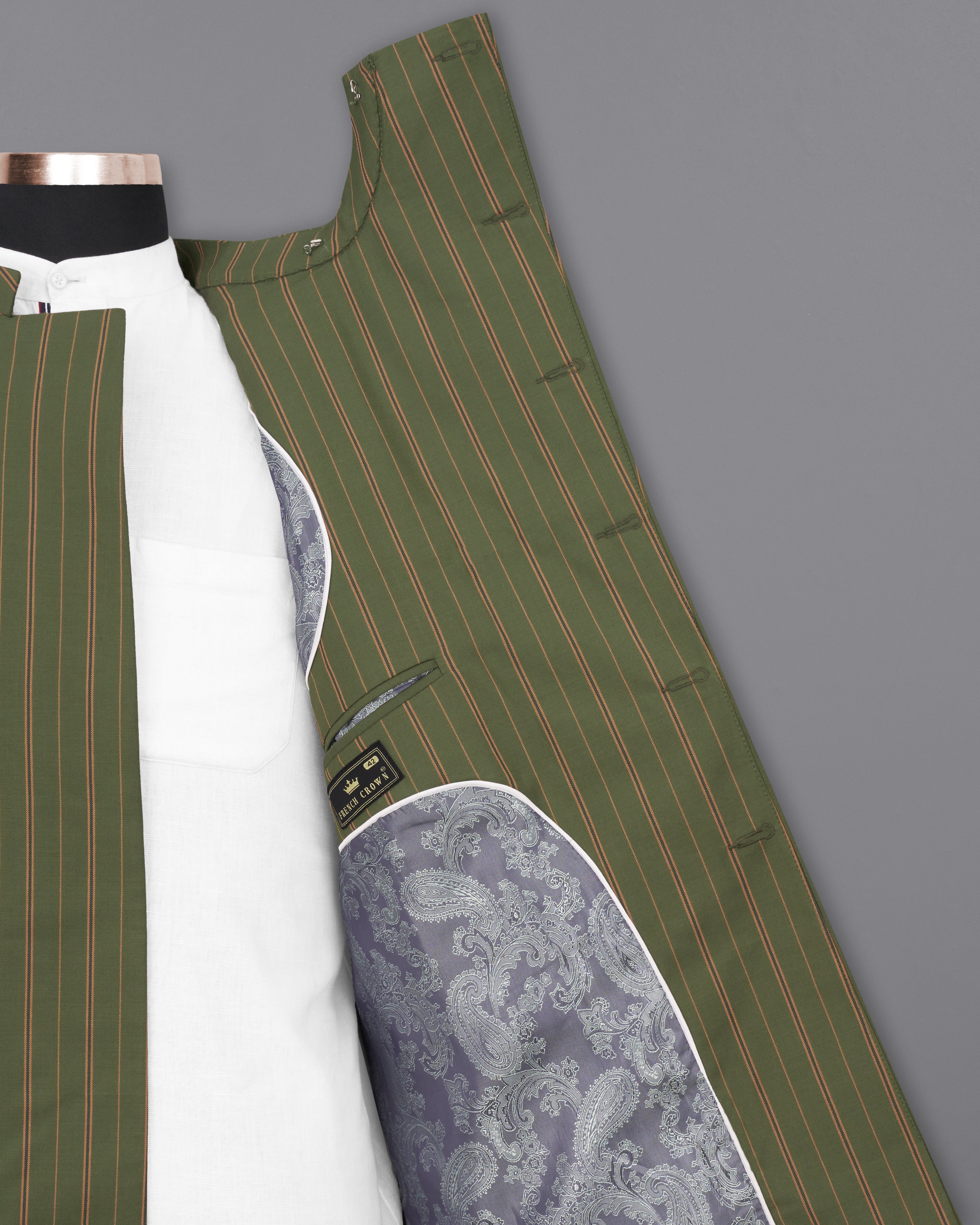 Vampire Green BLriped Cross Buttoned Bandhgala Blazer BL2248-CBG2-36, BL2248-CBG2-38, BL2248-CBG2-40, BL2248-CBG2-42, BL2248-CBG2-44, BL2248-CBG2-46, BL2248-CBG2-48, BL2248-CBG2-50, BL2248-CBG2-52, BL2248-CBG2-54, BL2248-CBG2-56, BL2248-CBG2-58, BL2248-CBG2-60