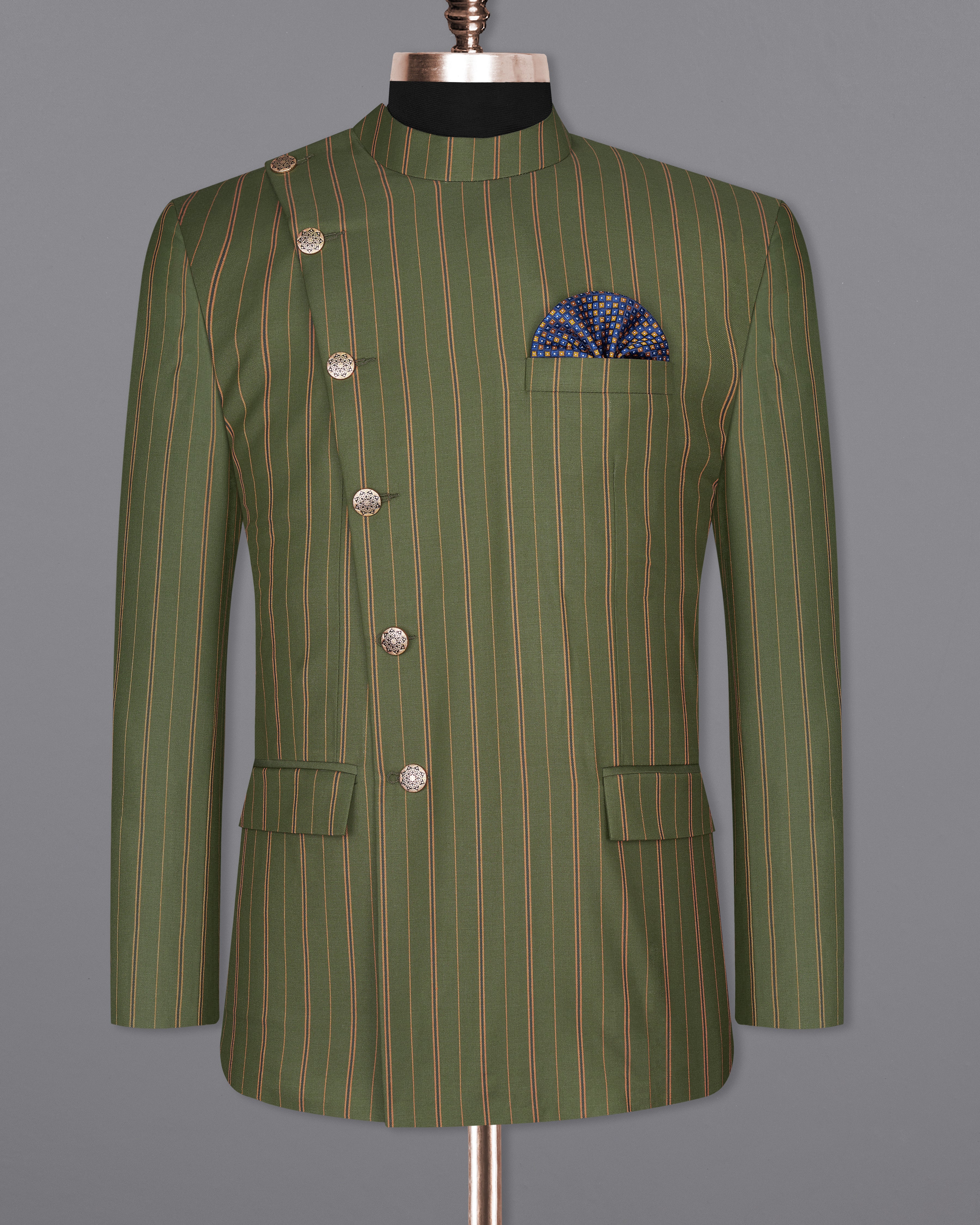 Vampire Green BLriped Cross Buttoned Bandhgala Blazer BL2248-CBG2-36, BL2248-CBG2-38, BL2248-CBG2-40, BL2248-CBG2-42, BL2248-CBG2-44, BL2248-CBG2-46, BL2248-CBG2-48, BL2248-CBG2-50, BL2248-CBG2-52, BL2248-CBG2-54, BL2248-CBG2-56, BL2248-CBG2-58, BL2248-CBG2-60