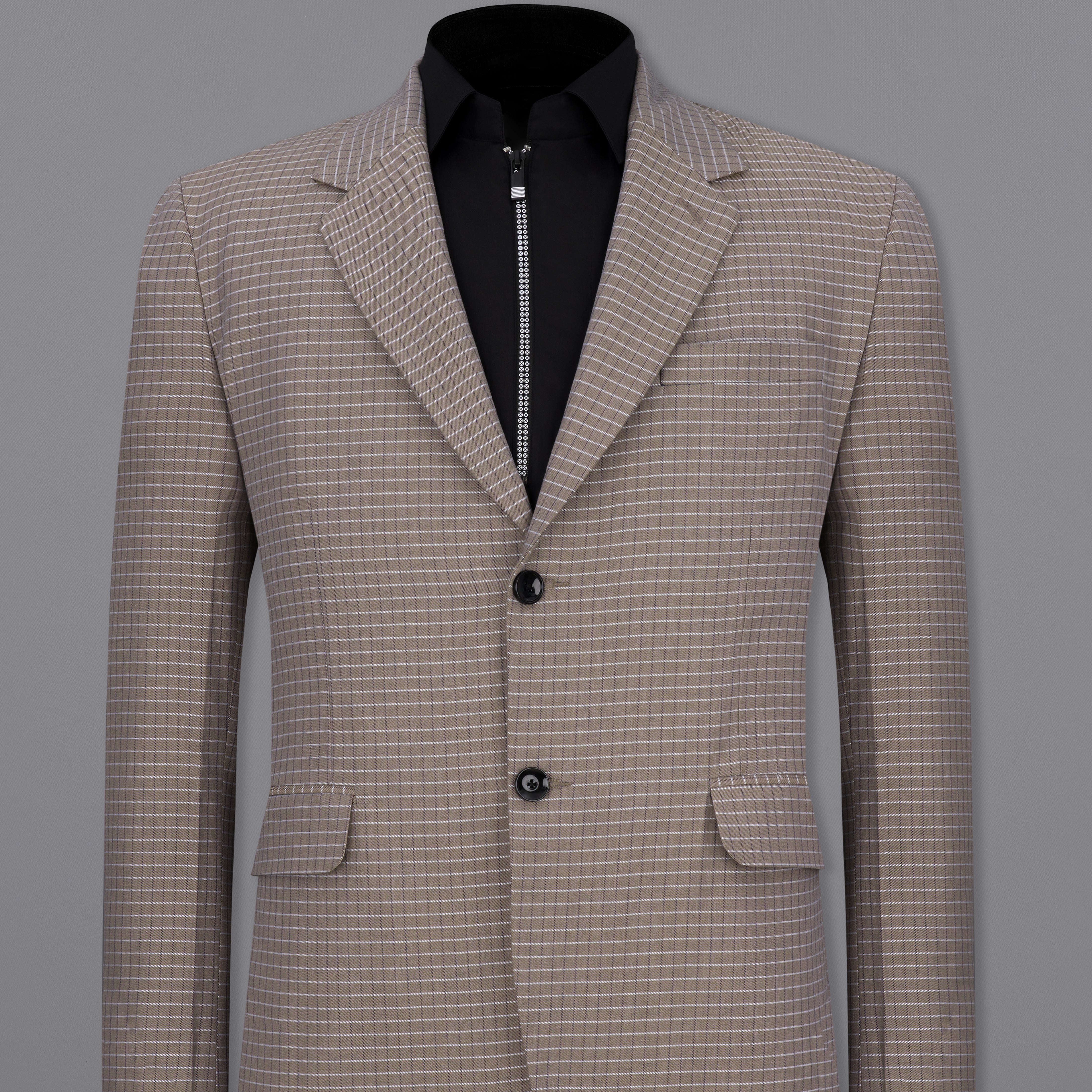 Sand Dune Brown Checkered Single Breasted Premium Cotton Blazer
